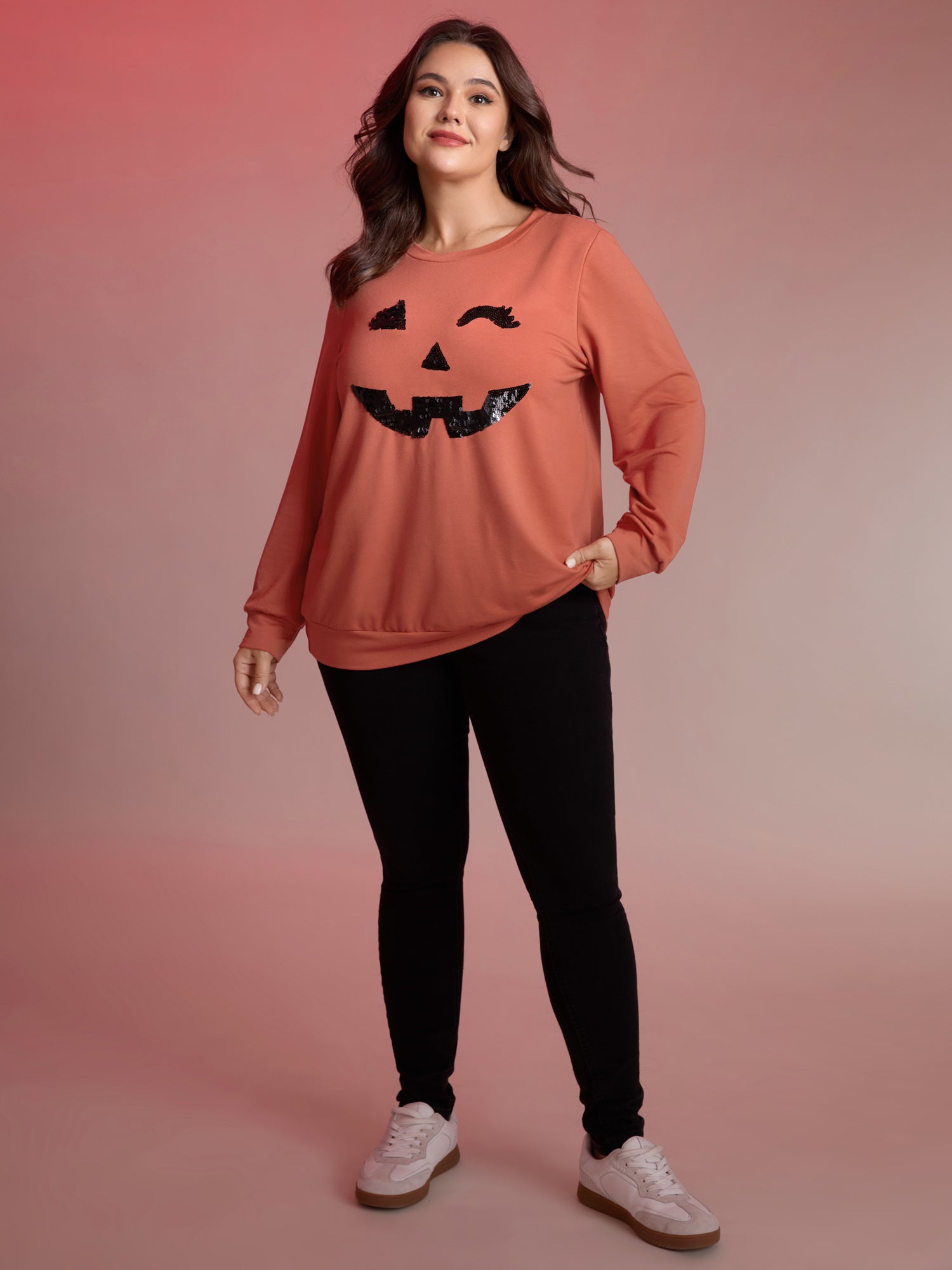 Supersoft Pumpkin Spice Sequin Embroidery Sweatshirt-Sweetccc