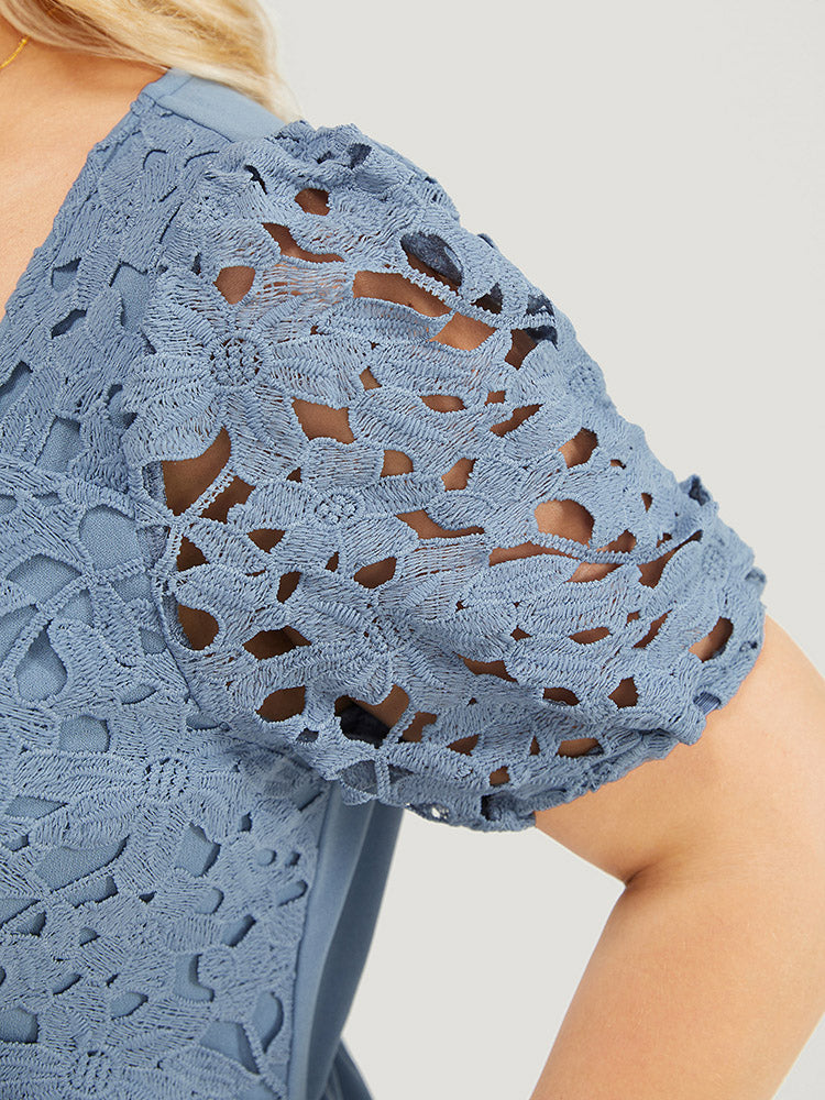 Solid Lace Notched Square Neck Pocket Pleated Jumpsuit-Sweetccc