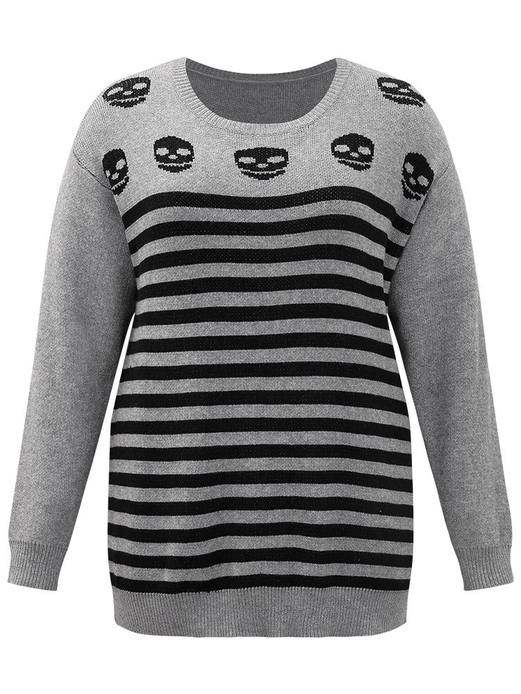 Halloween Supersoft Essentials Skull Print Striped Round Neck Pullover-Sweetccc