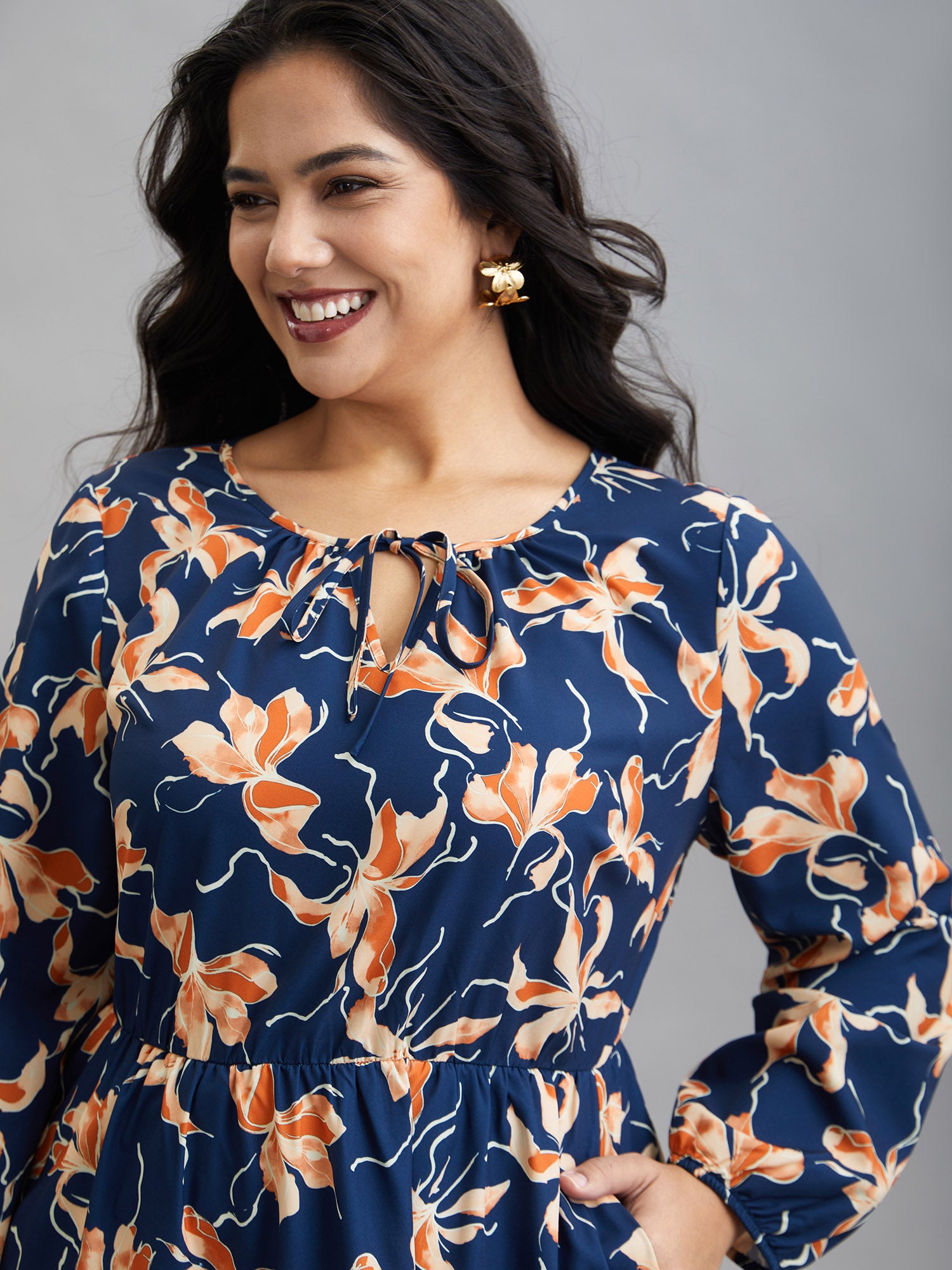 Tropical Flower Print Pockets Waist-Tie Midi Dress-Sweetccc