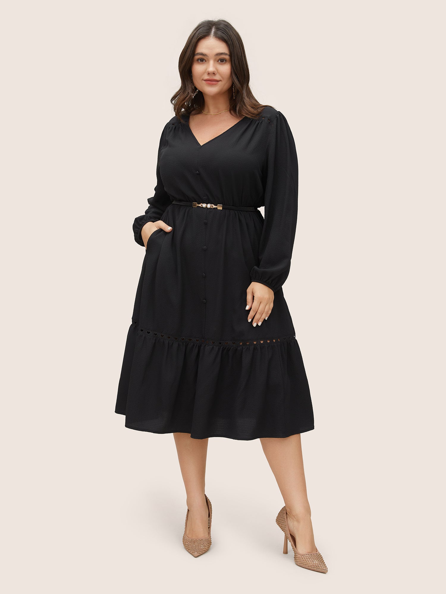 Hollow Out Lantern Sleeve Flutter Layered Hem Dress-Sweetccc