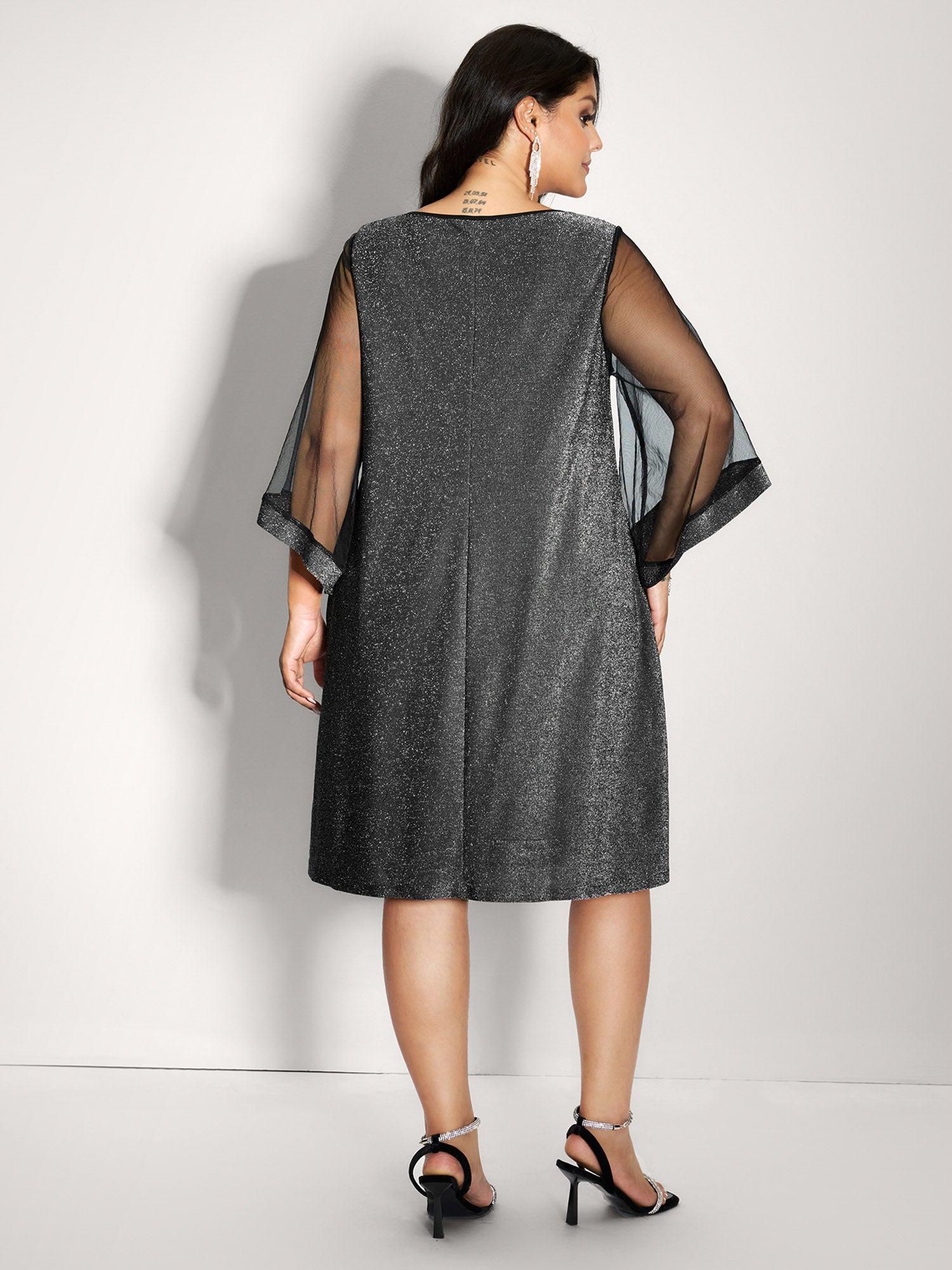 Lurex Pockets Lined Sheer Sleeve Midi Dress-Sweetccc