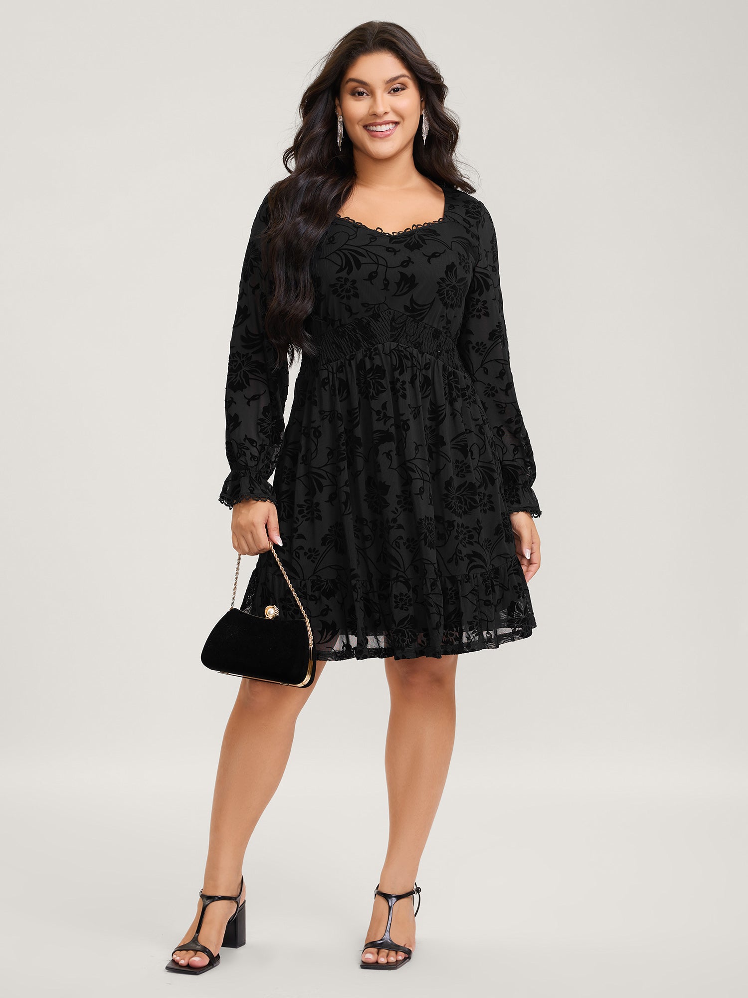 Textured Floral Shirred Waist Knee-Length Dress-Sweetccc