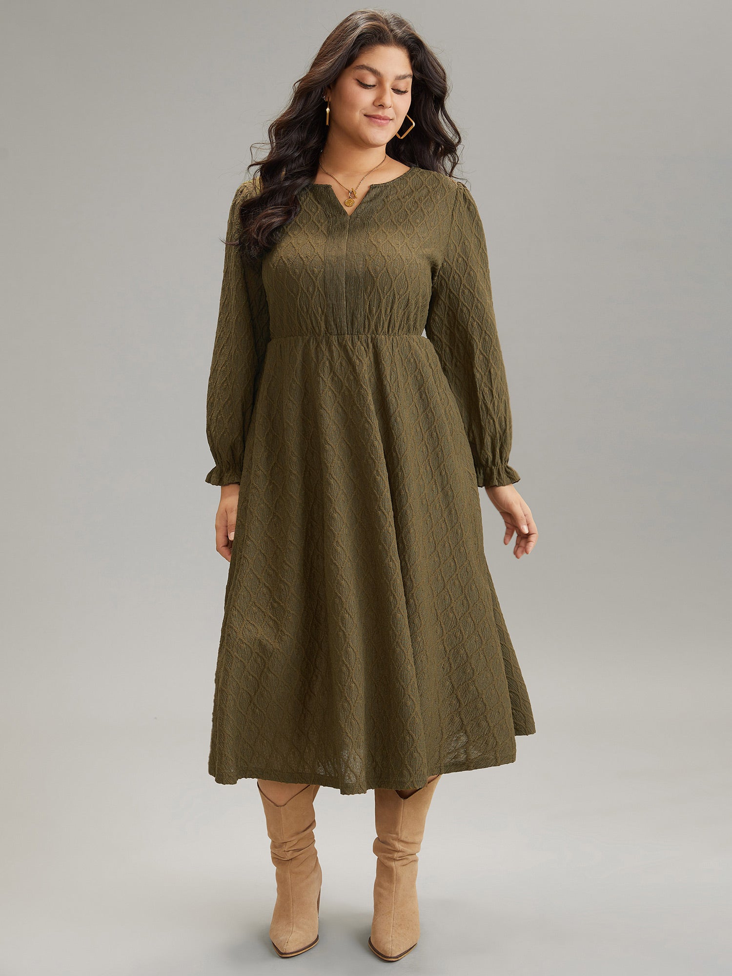 Textured Jacquard Notched Ruffle Sleeve Dress-Sweetccc