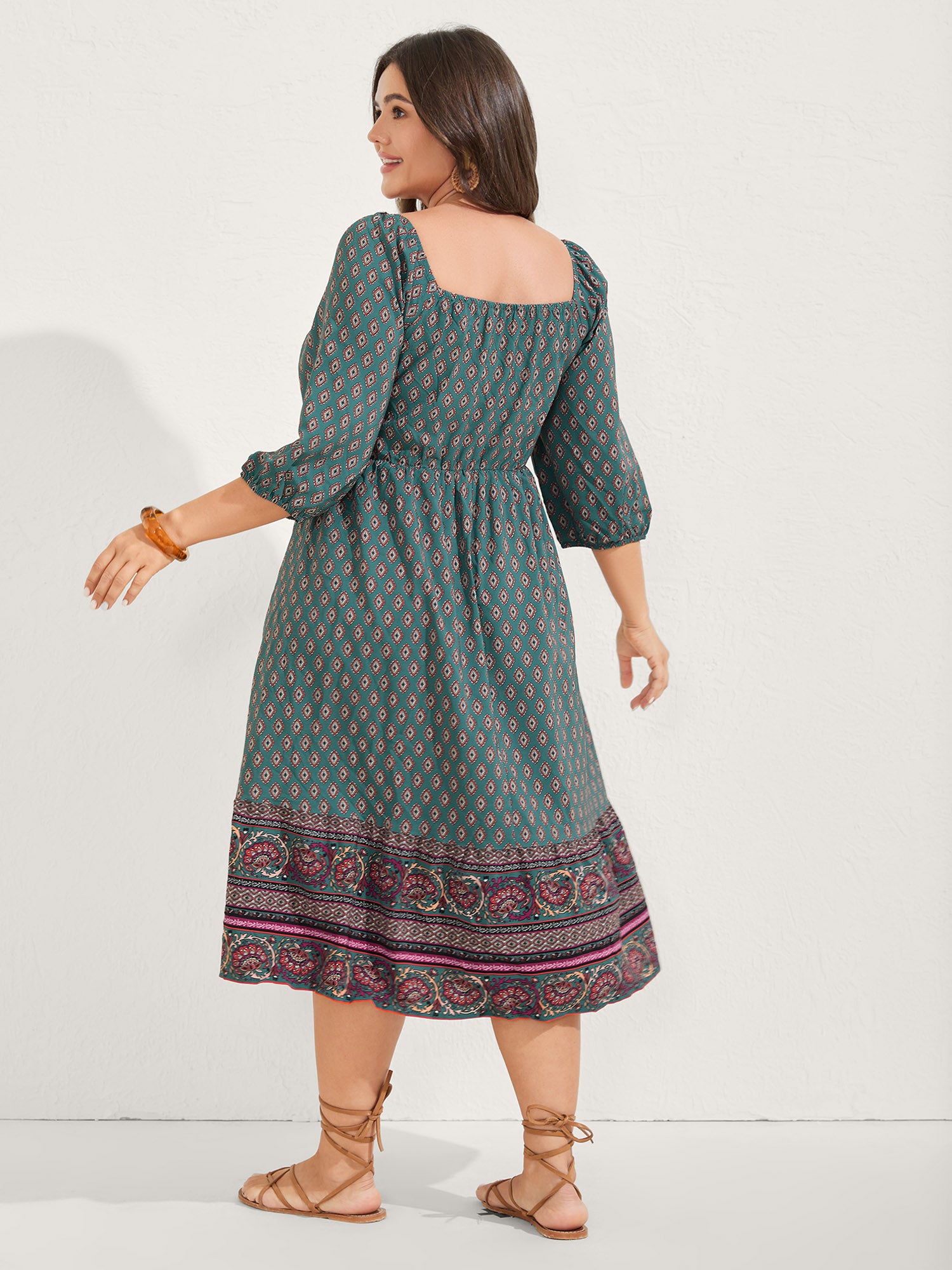 Paisley Print Shirred Bodice Midi Dress-Sweetccc