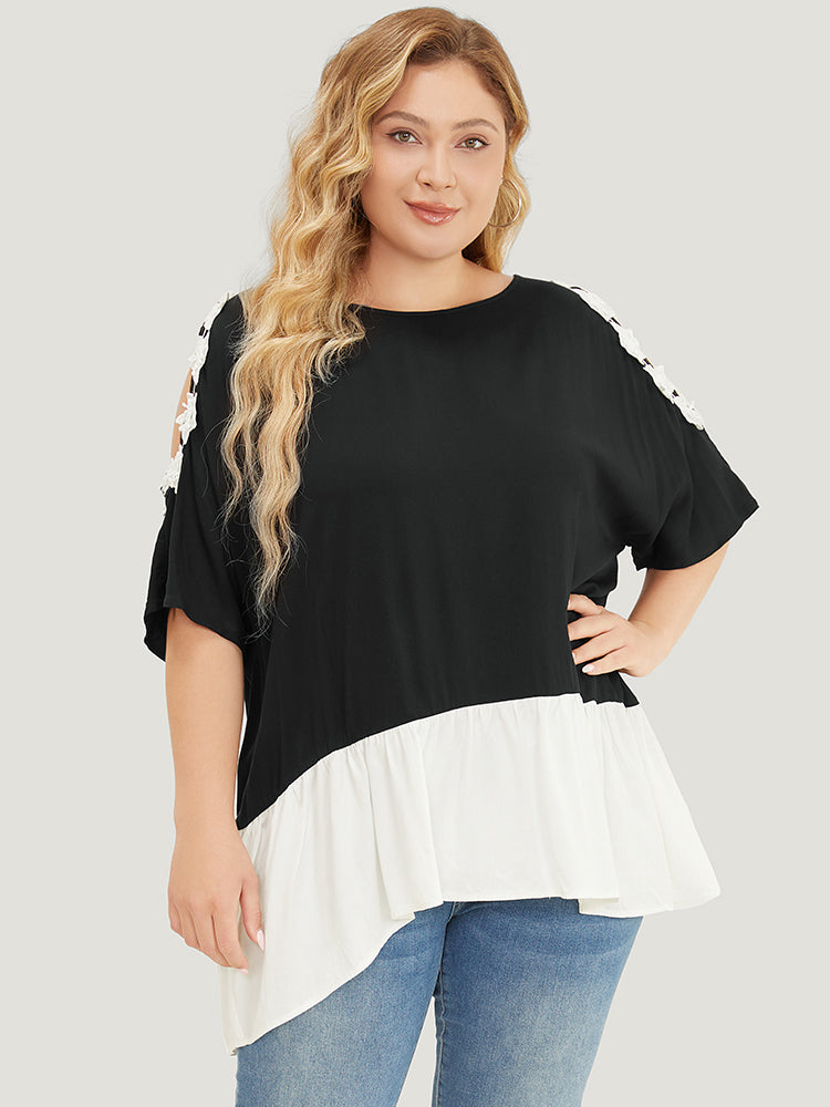 Floral Appliques Patchwork Asymmetrical Hem Cold Shoulder Blouse-Sweetccc