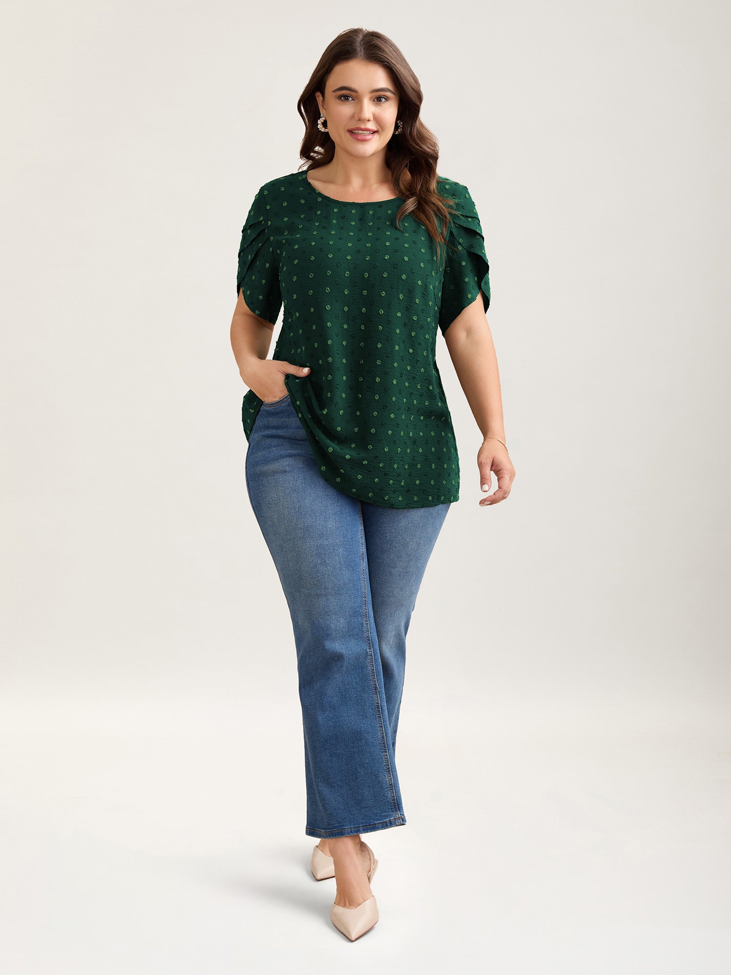 Textured Color Contrast Petal Sleeve Blouse-Sweetccc