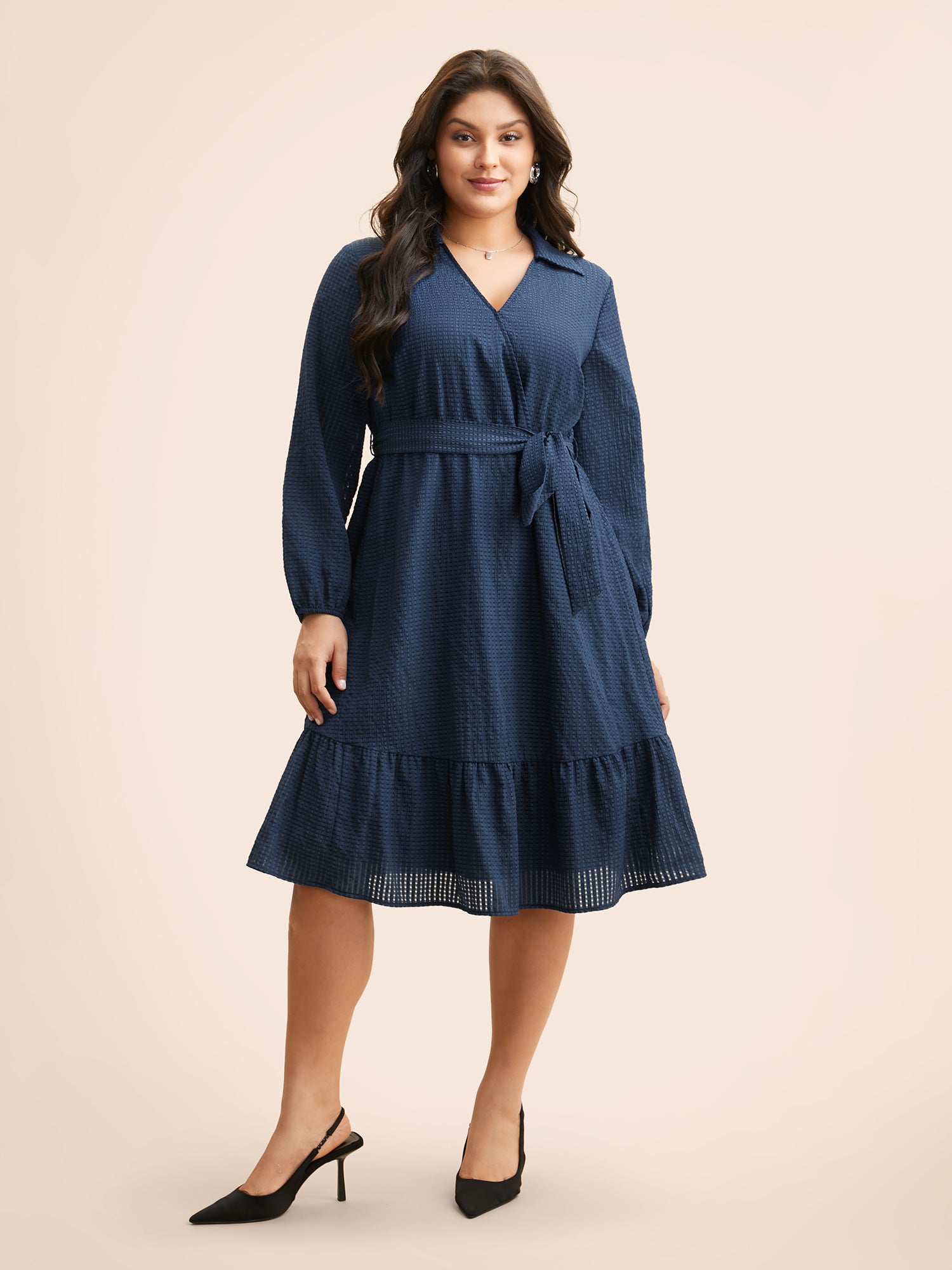 Overlap Collar Plain Textured Midi Dress-Sweetccc