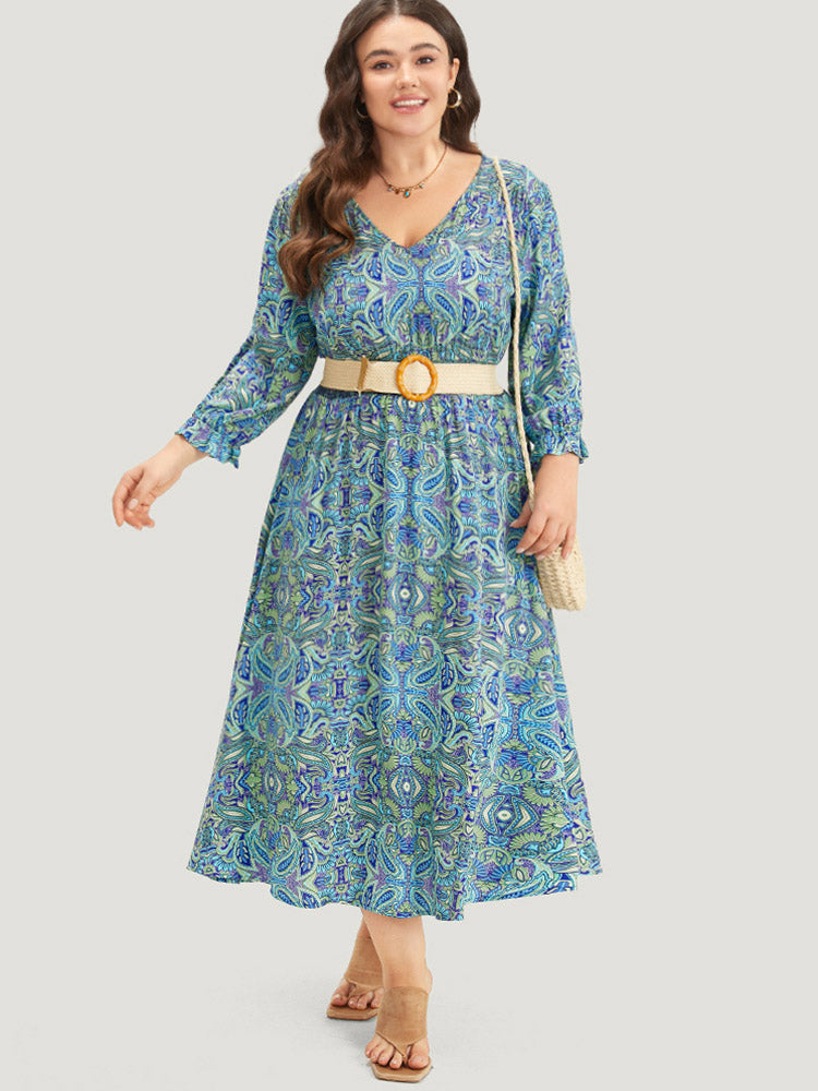 Paisley Print Shirred Flutter Trim Dress-Sweetccc