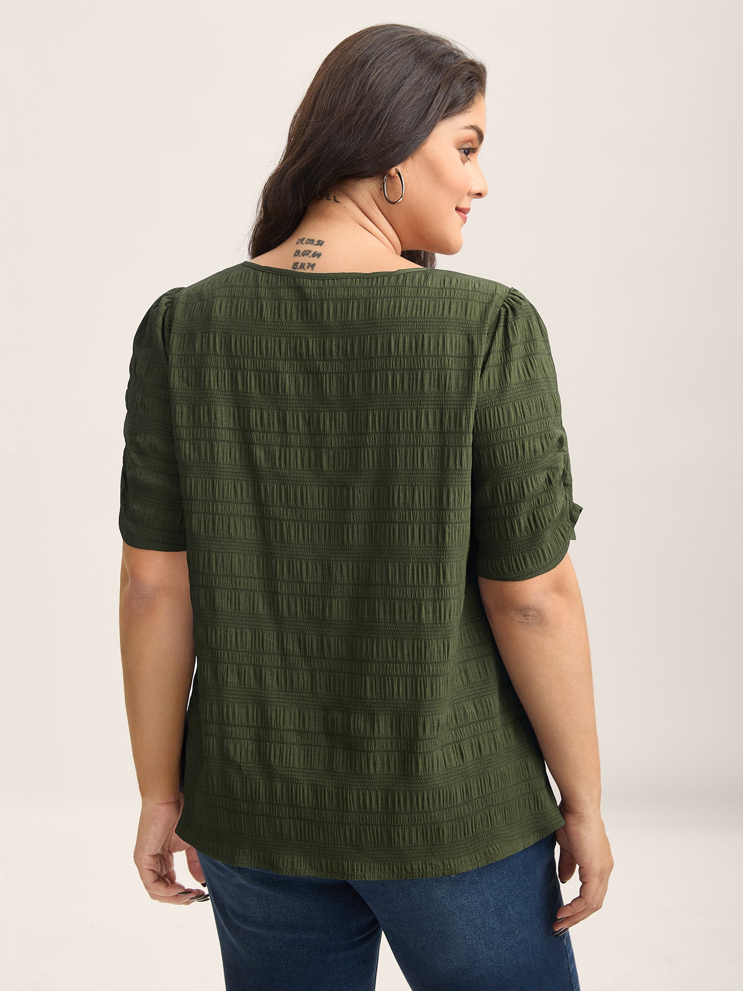 Textured Gathered Sleeve Split Neck Blouse-Sweetccc