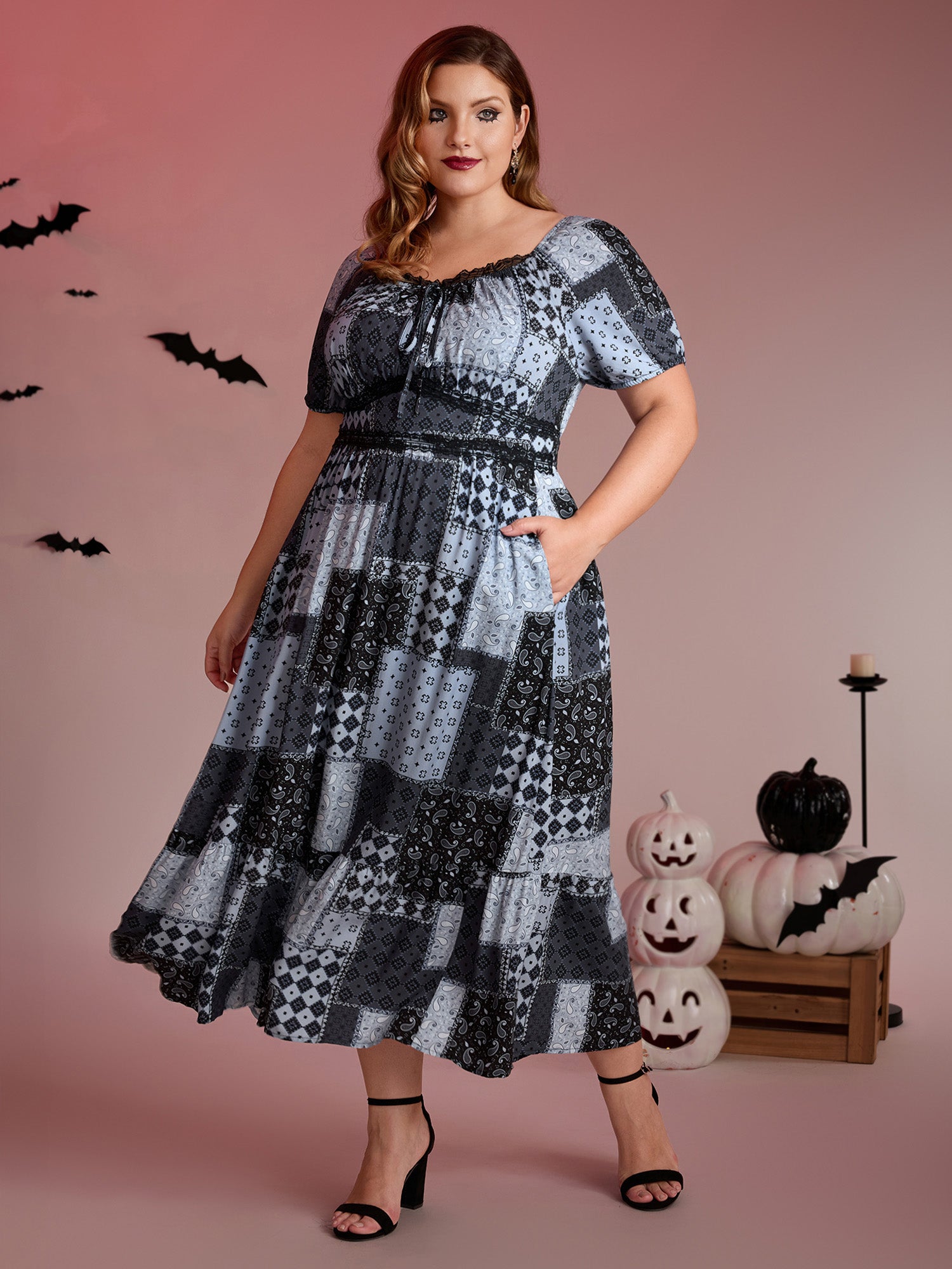 Paisley Collage Print Lace Trim Midi Dress-Sweetccc