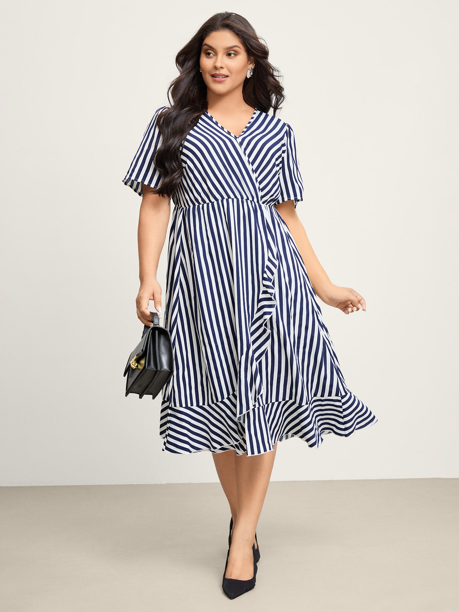 Irregular Stripes High-Waist Pockets Midi Dress-Sweetccc