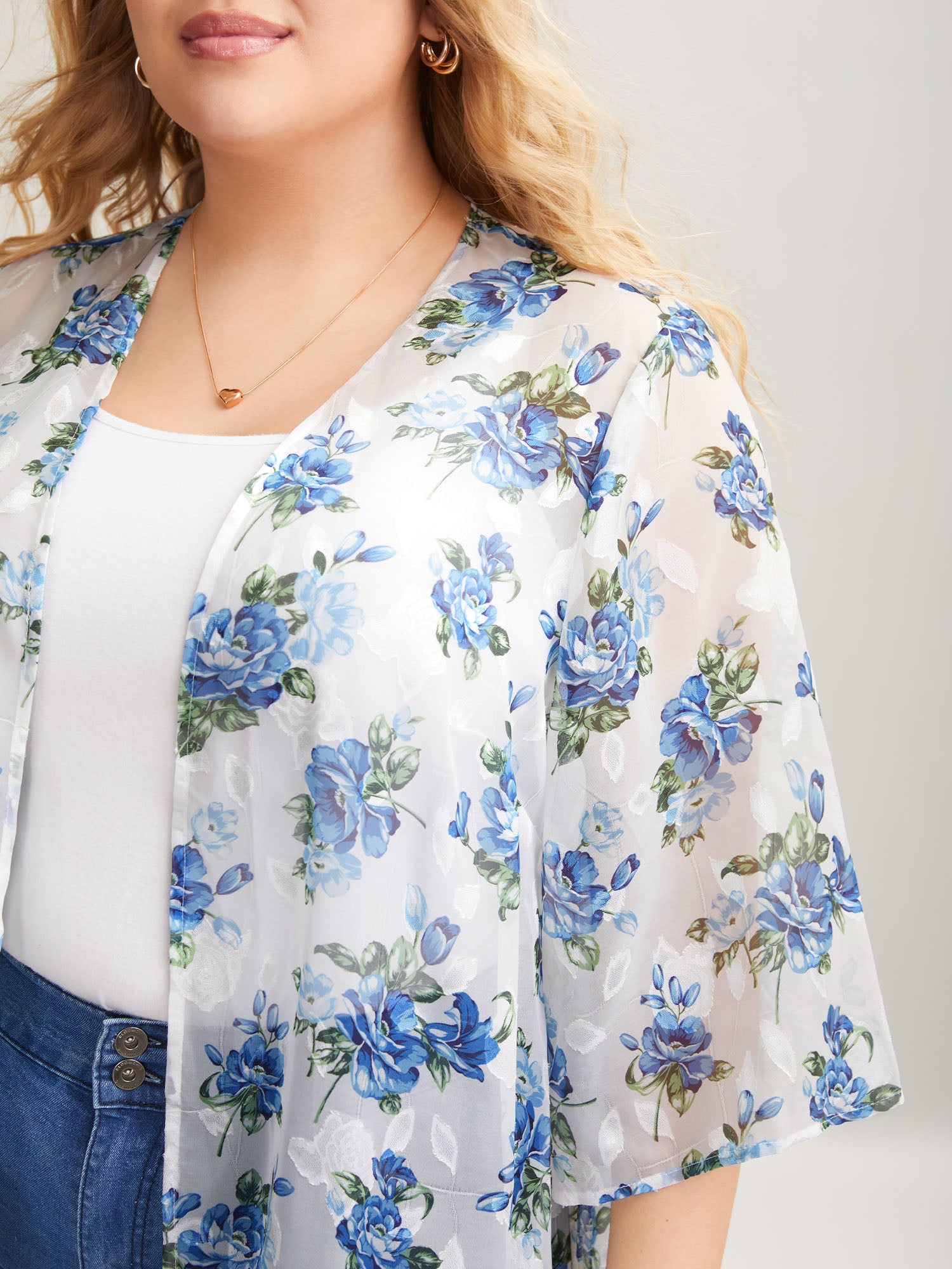 Textured Printed Puff Sleeve Kimono Cardigan-Sweetccc