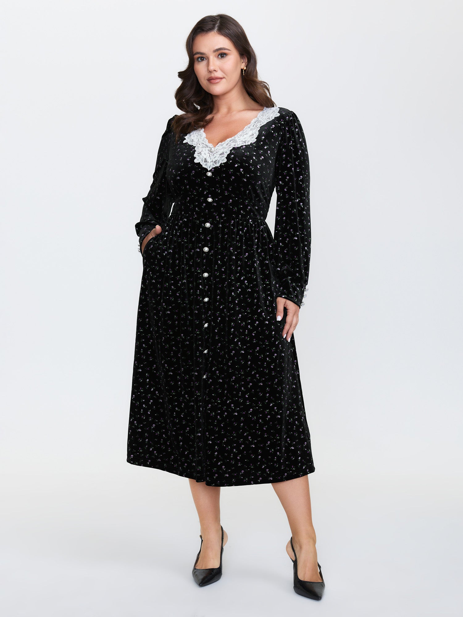 Velvet Print Lace Neckline Midi Dress-Sweetccc