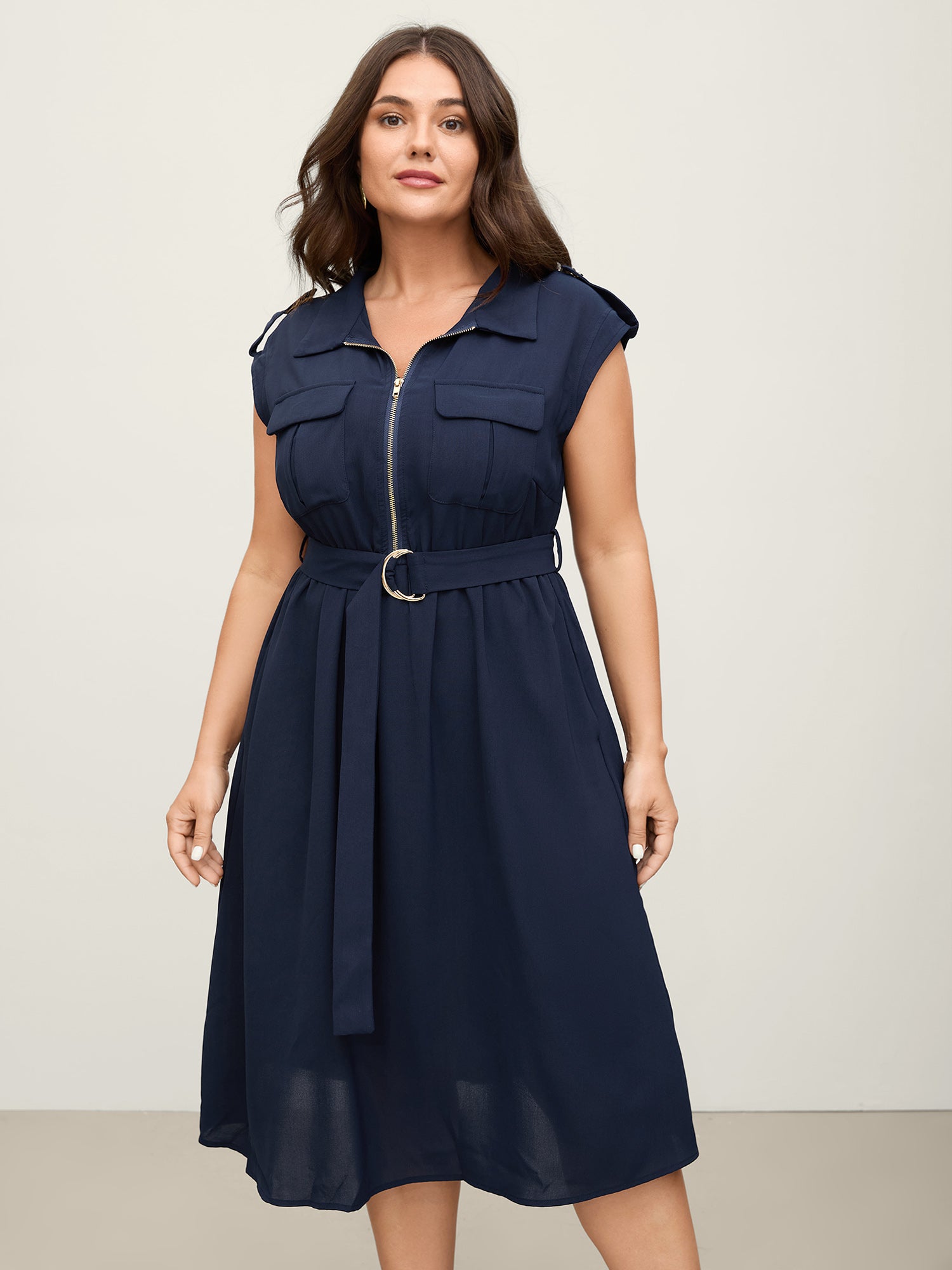 Half Zipper Pockets Belted Midi Dress-Sweetccc