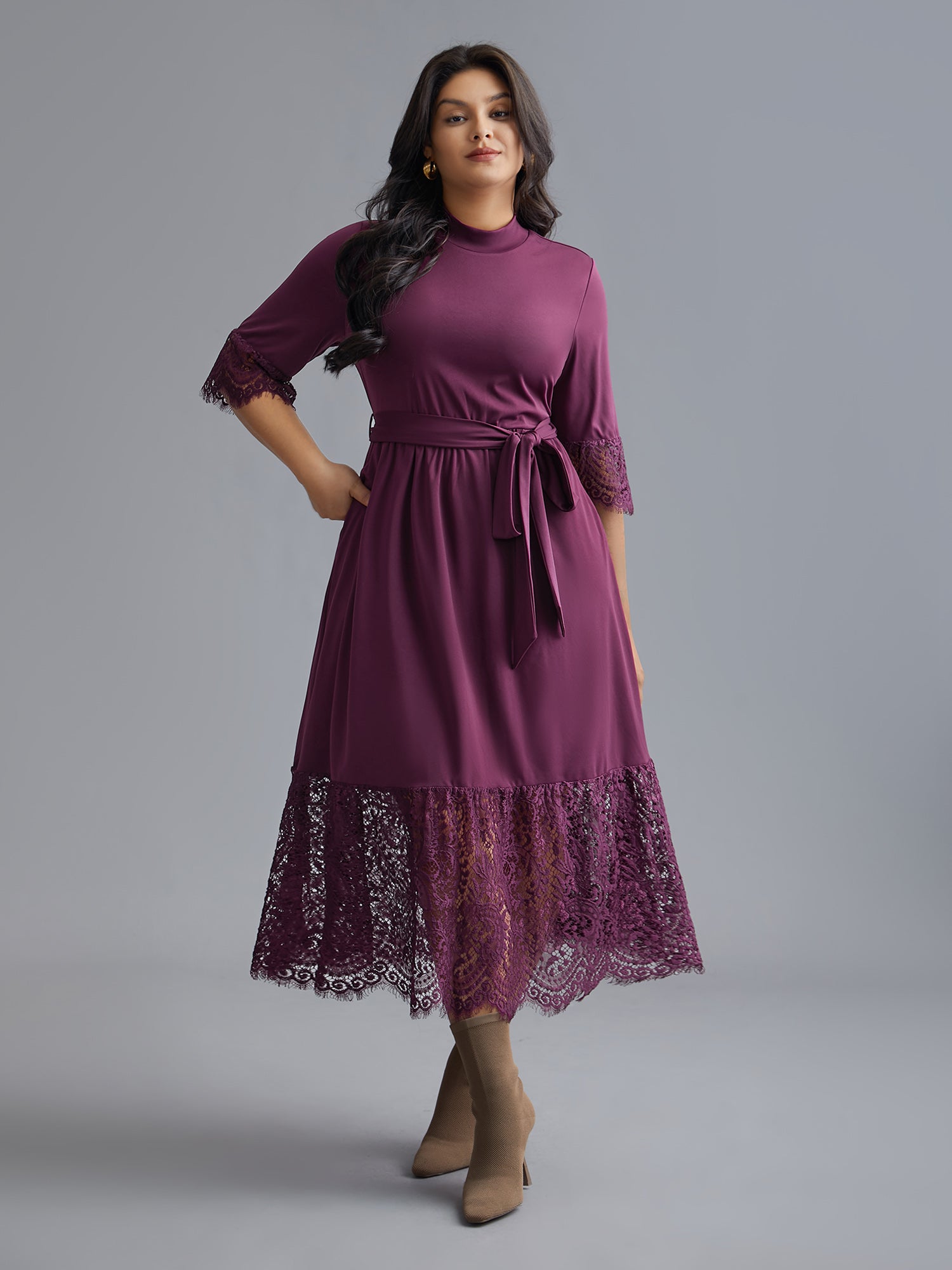 Mock Neck Crochet Lace Belted Dress-Sweetccc