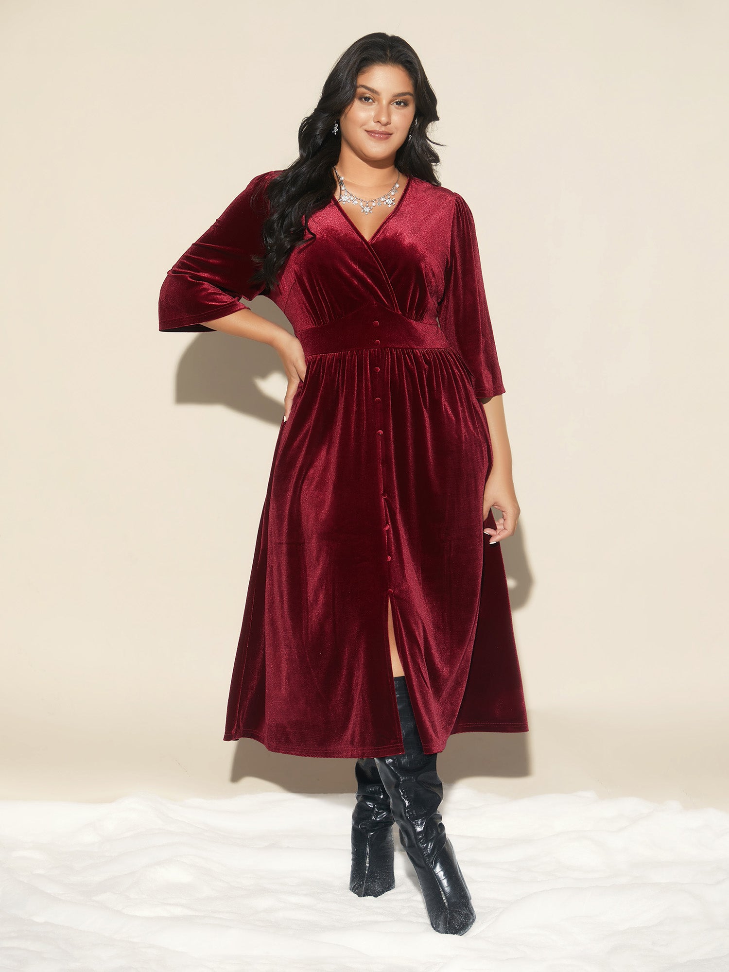 Velvet Ruched Surplice Neckline Midi Dress-Sweetccc