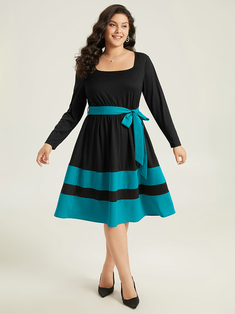 Two Tone Belted Bowknot Square Neck Dress-Sweetccc