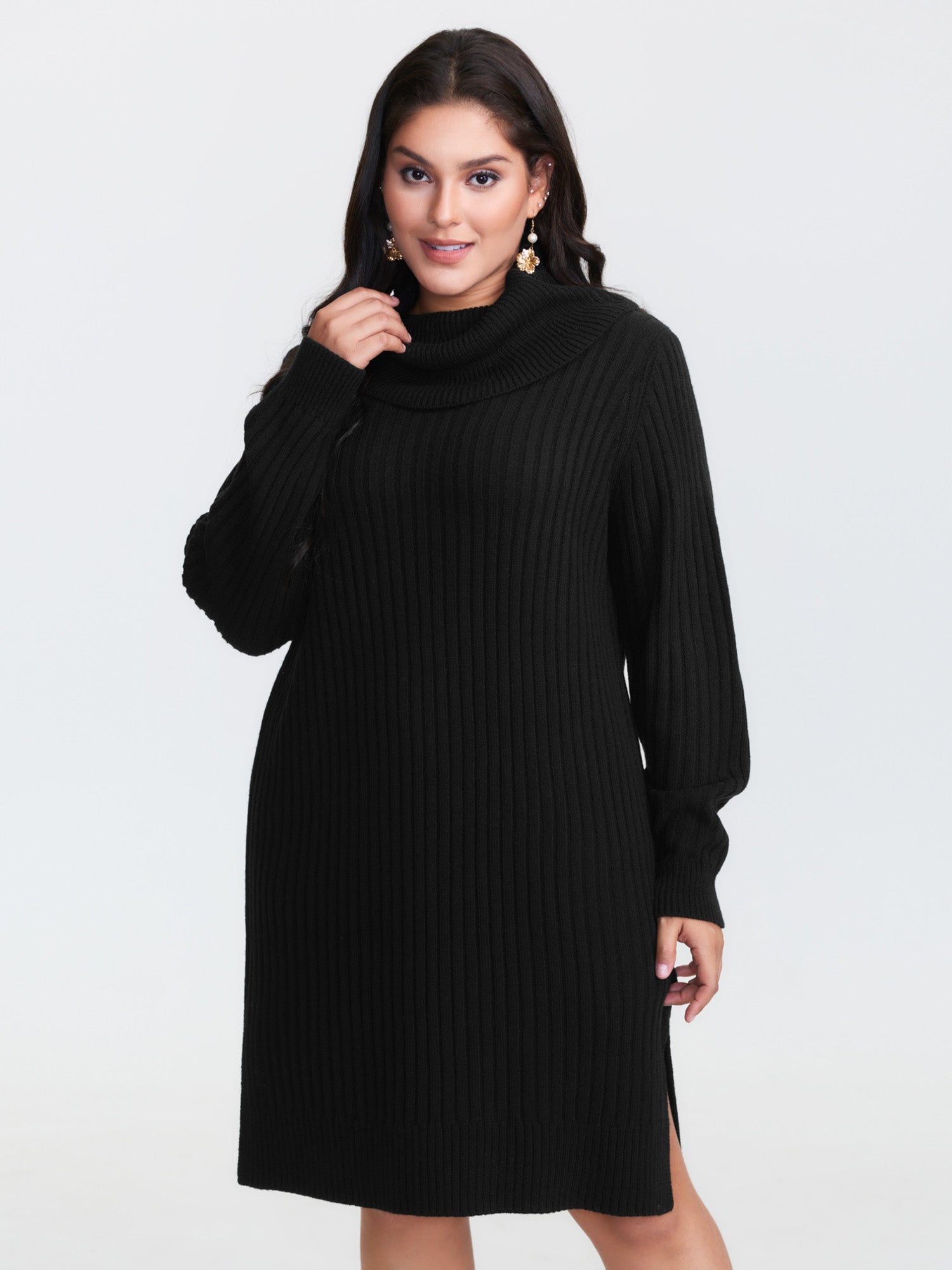 High Turtleneck Textured Sweater Dress-Sweetccc