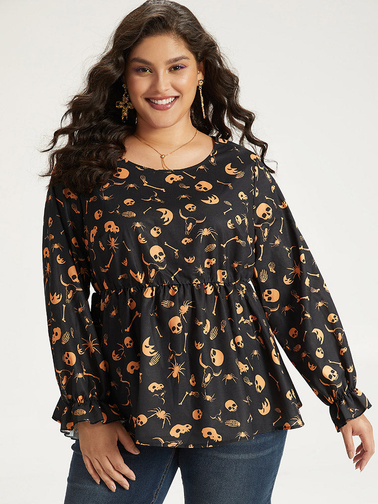 Halloween Print Elastic Waist Crew Neck Lantern Sleeve Blouse-Sweetccc