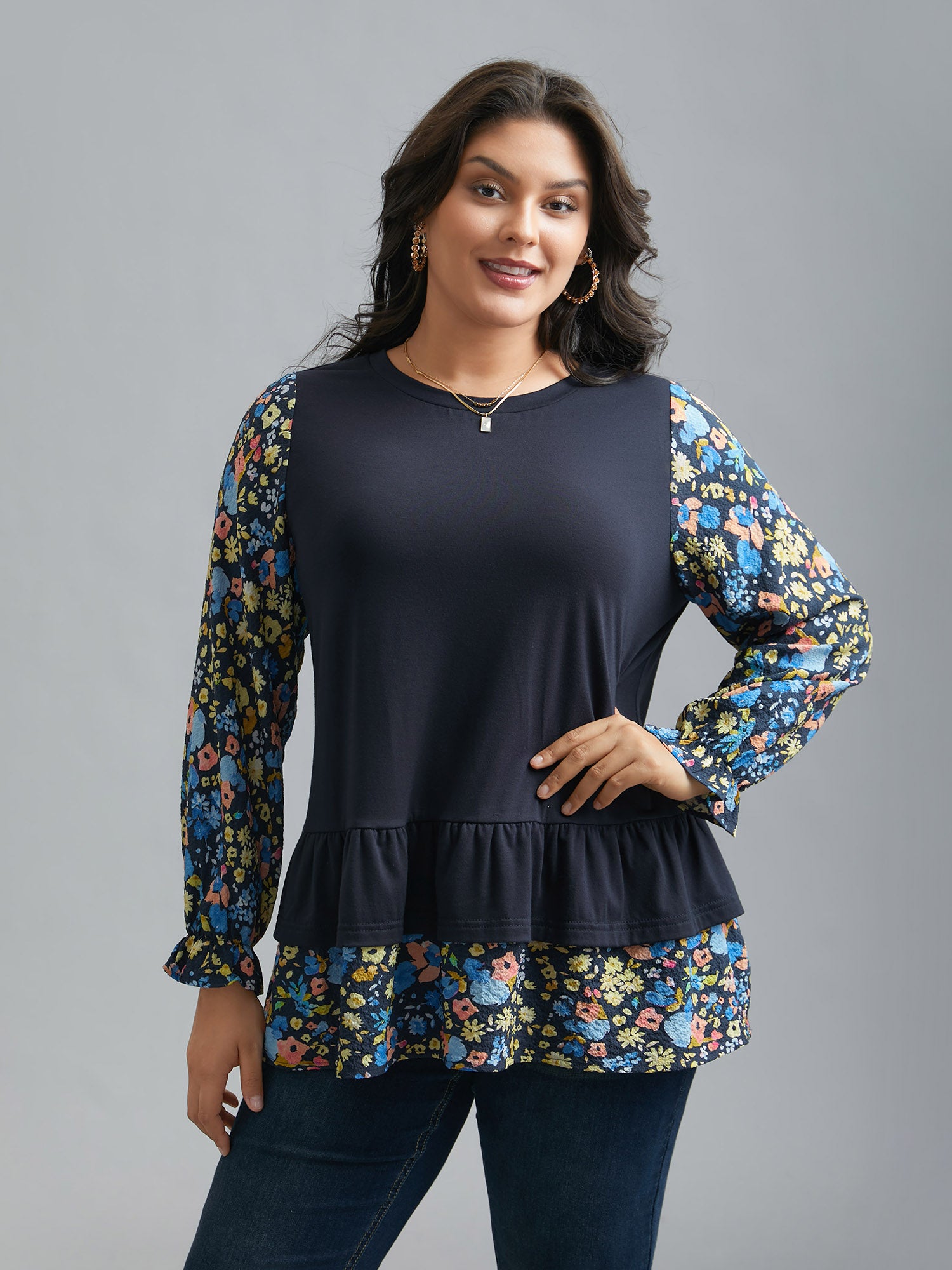 Floral Spliced Tiered Hem T-Shirt-Sweetccc