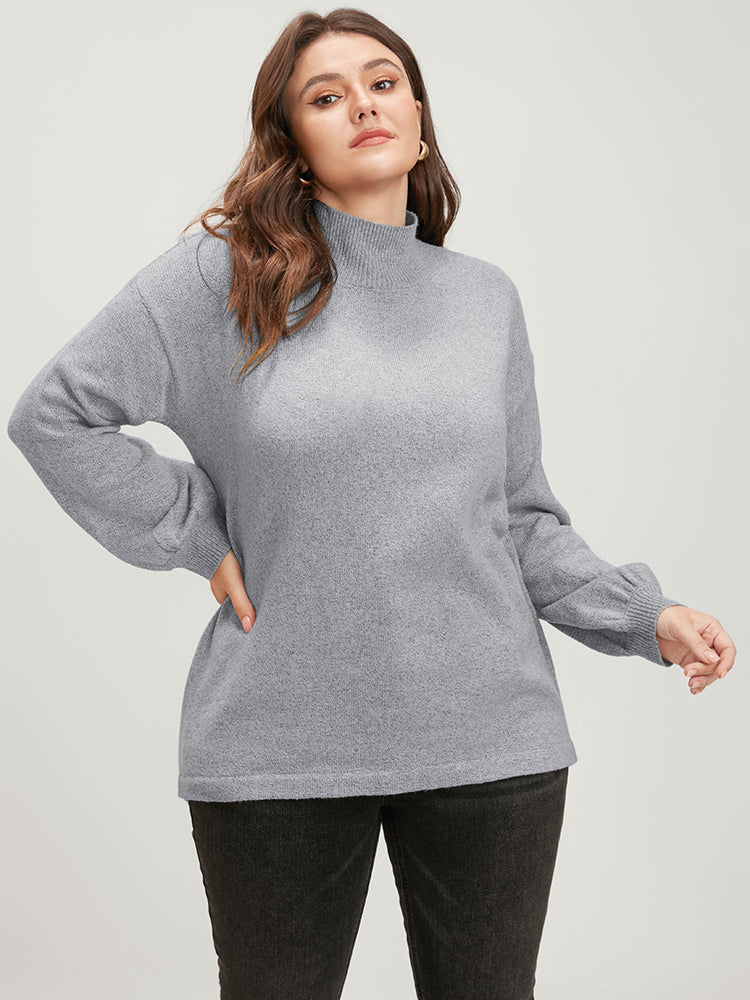Solid Pointelle Knit Lantern Sleeve Mock Neck Heather Knit Top-Sweetccc