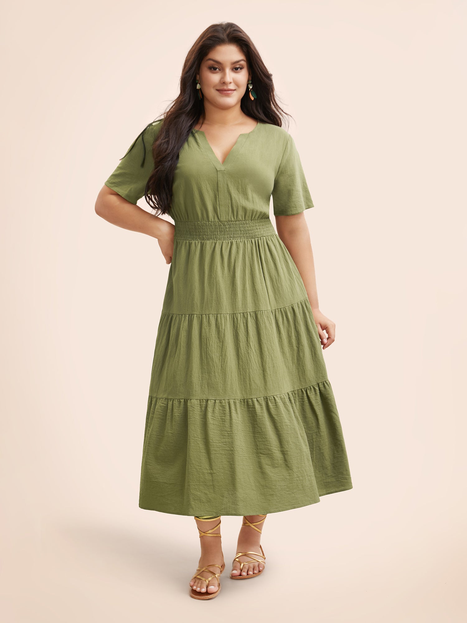 Notched Shirred Ruffle Layered Hem Dress-Sweetccc