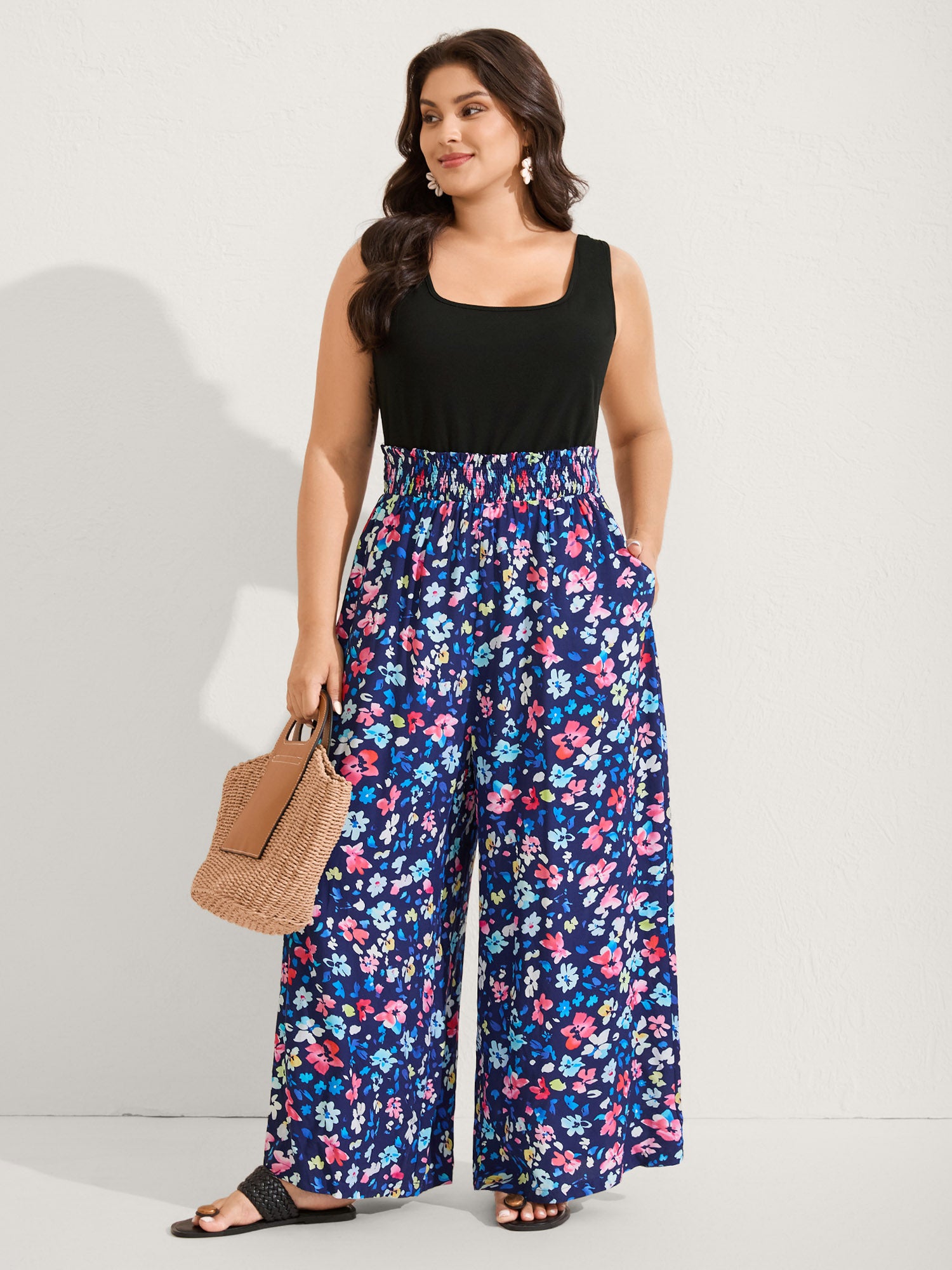 Floral Color Contrast Shirred Jumpsuit-Sweetccc
