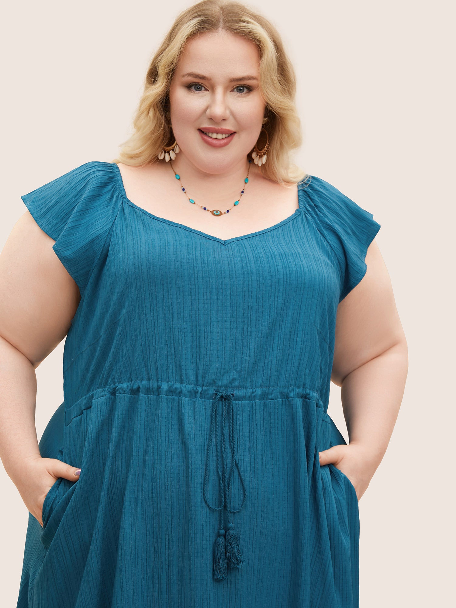 Texture Drawstring Tie Knot Tassels Dress-Sweetccc