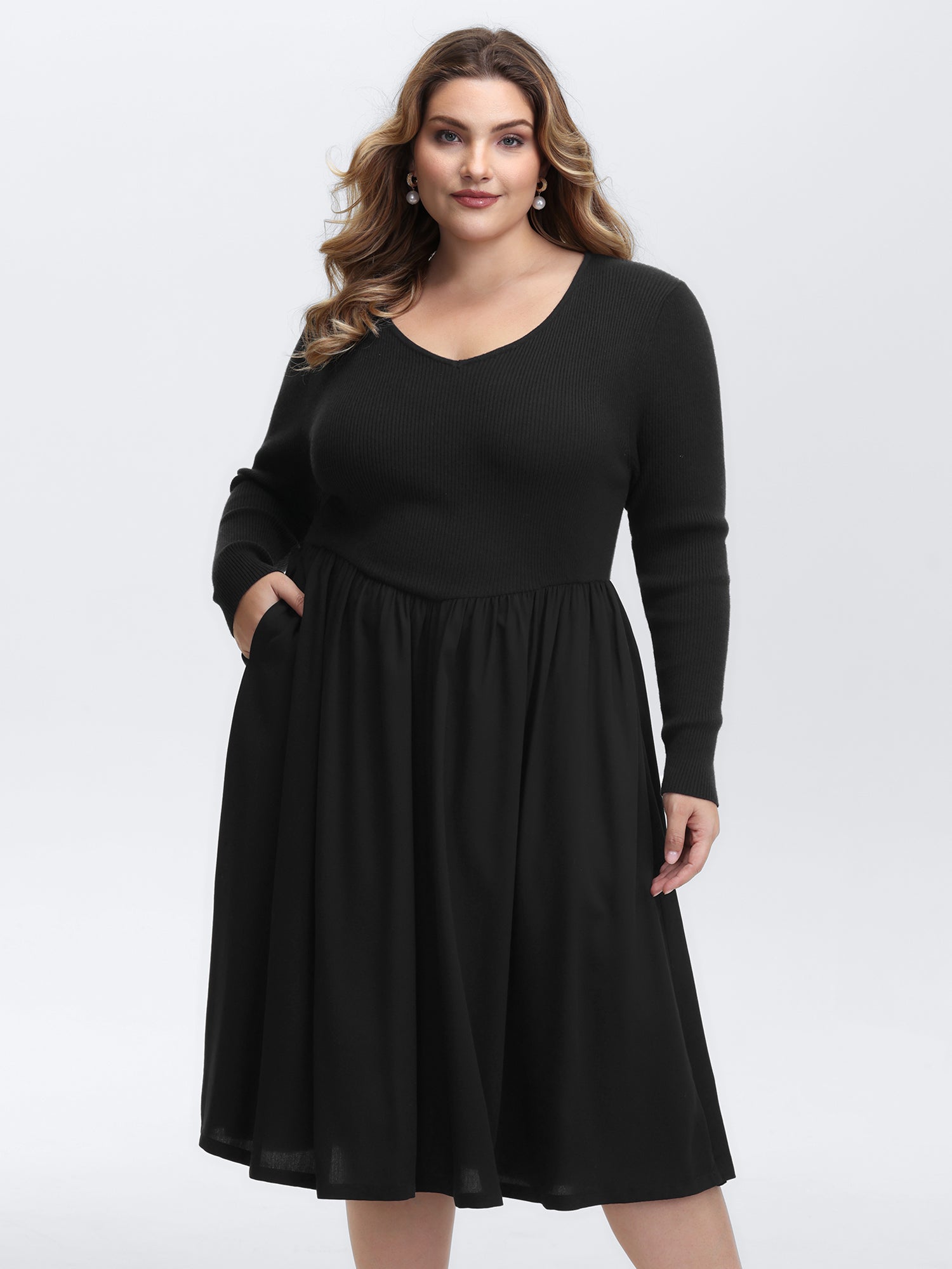 V-Neck Patchwork Plain Sweater Dress-Sweetccc