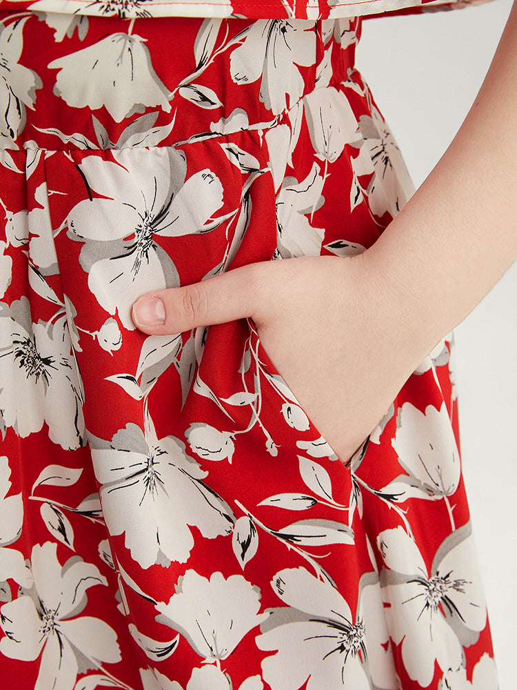 Floral Print Pocket Ruffles Trim Split Halter Maxi Dress-Sweetccc