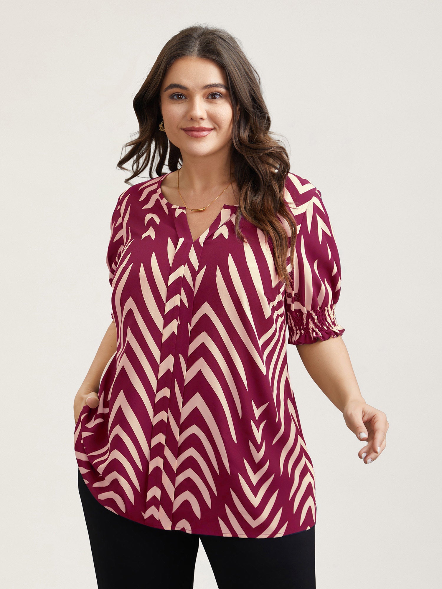 Geometric Print Ruffled Shirred Shirt-Sweetccc