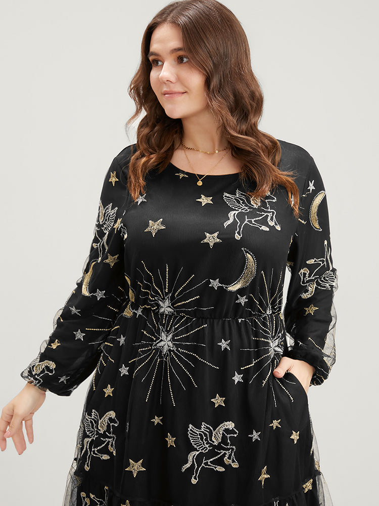 Moon And Star Pocket Lantern Sleeve Embroidered Mesh Dress-Sweetccc