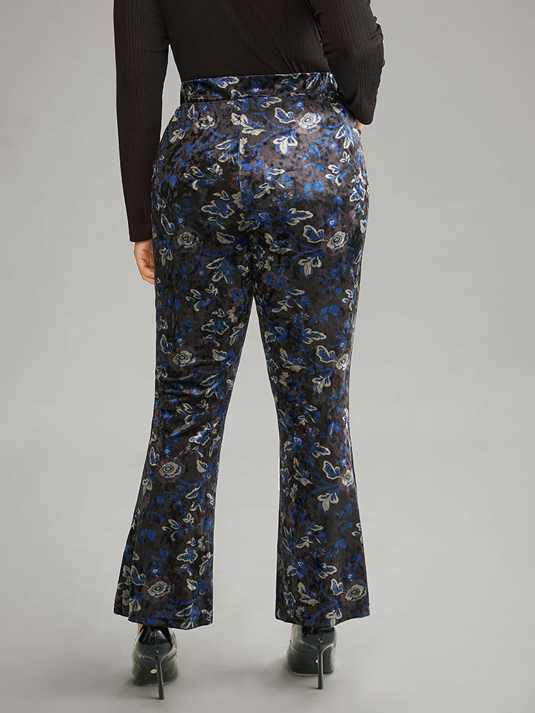 Velvet Floral Elastic Waist High Rise Bootcut Pants-Sweetccc