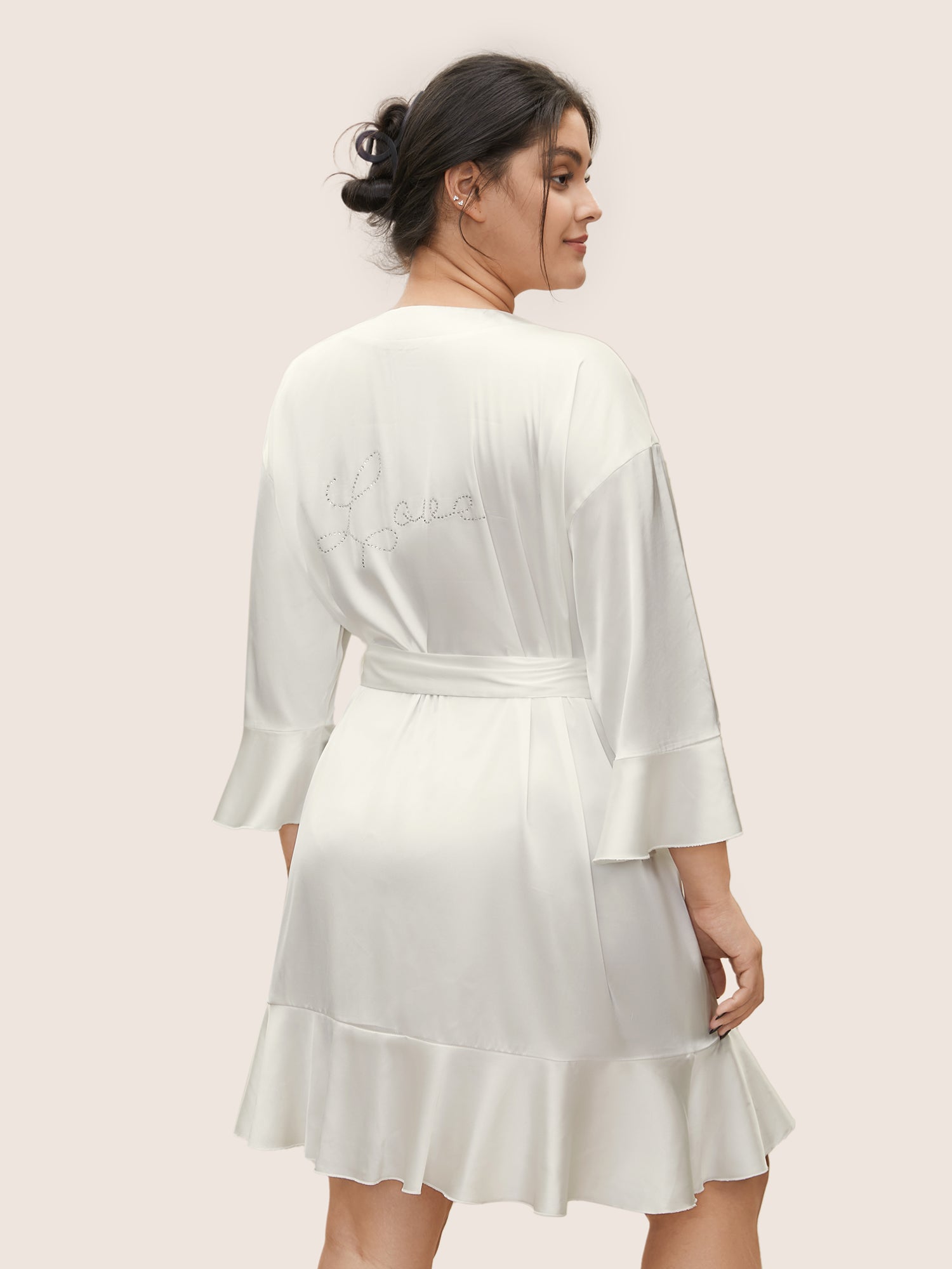 Solid Rhinestone Flutter Sleeve Belted Robe-Sweetccc