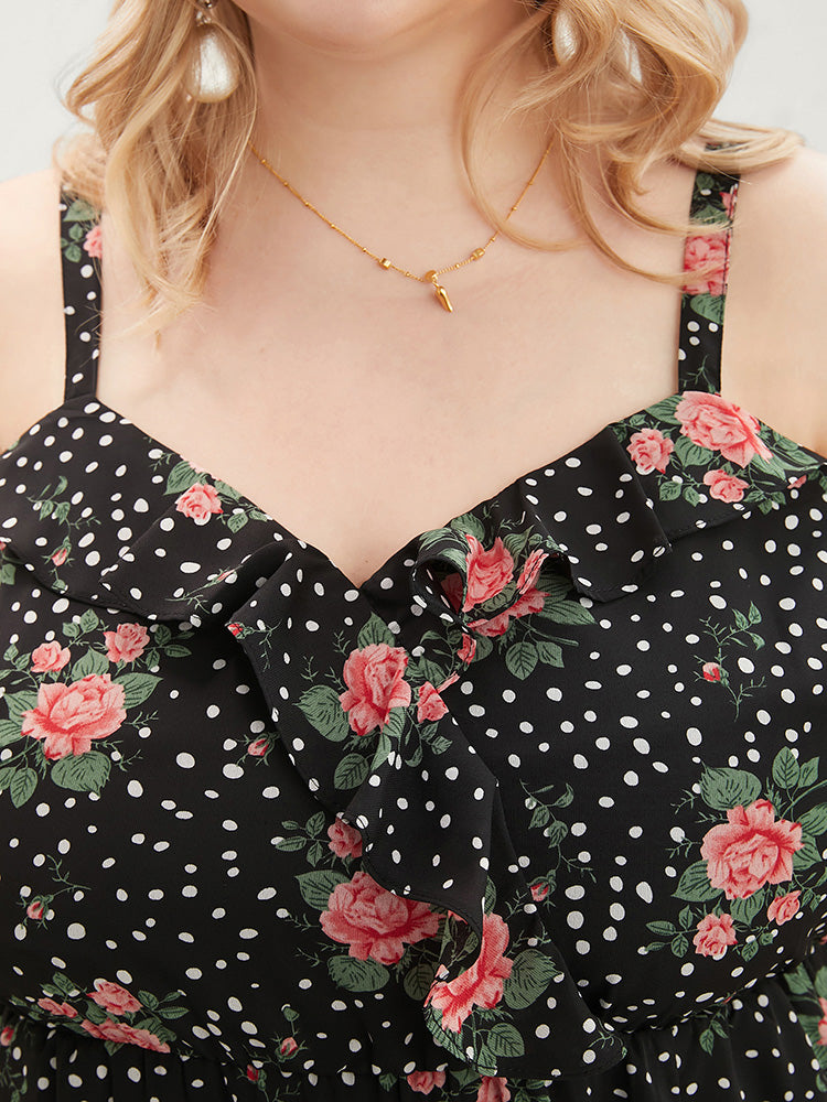 Floral & Polka Dot Ruffle Trim Pocket Cold Shoulder Split Dress-Sweetccc