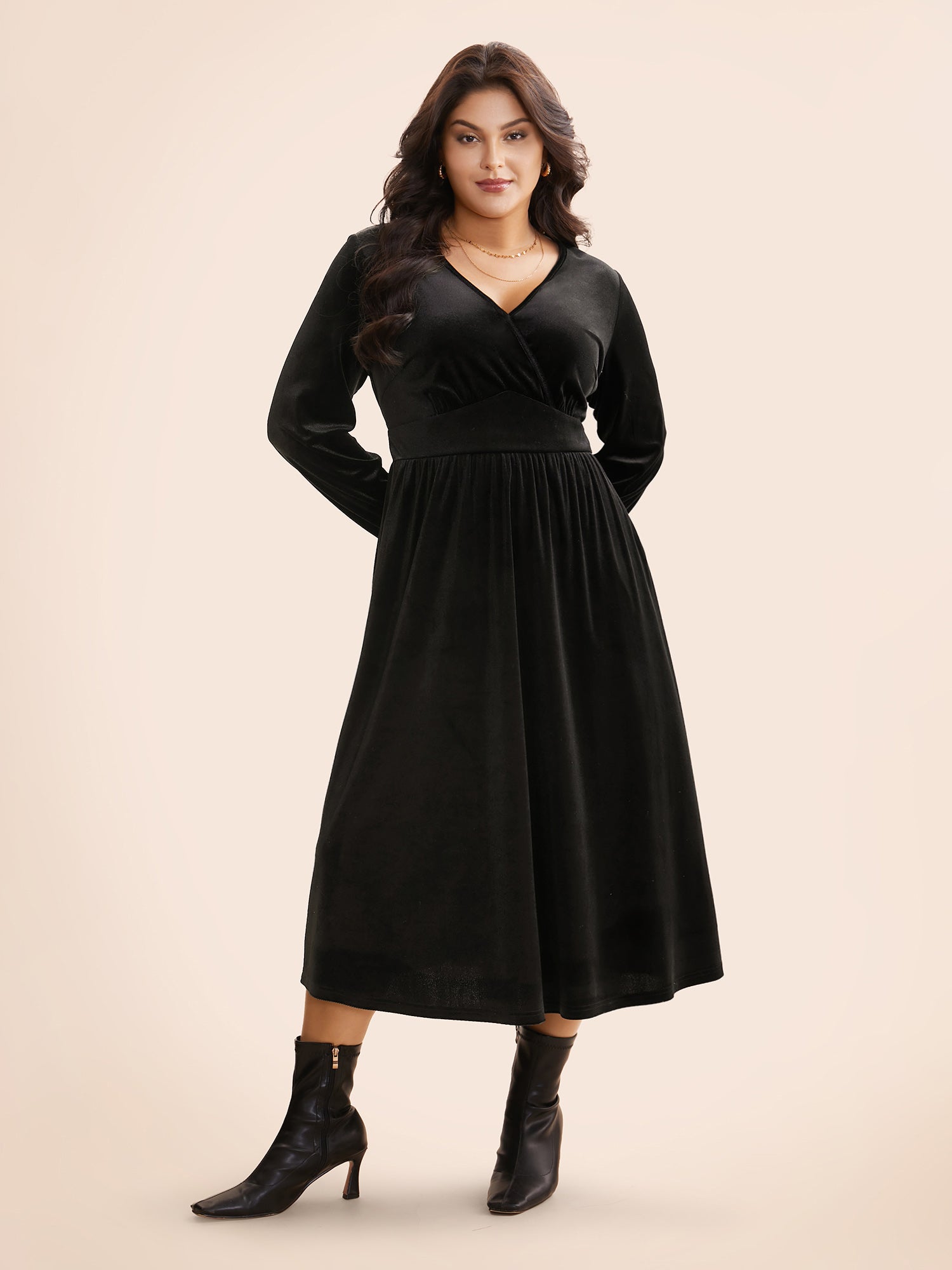 Velvet Overlap Collar Shirred Gathered Dress-Sweetccc
