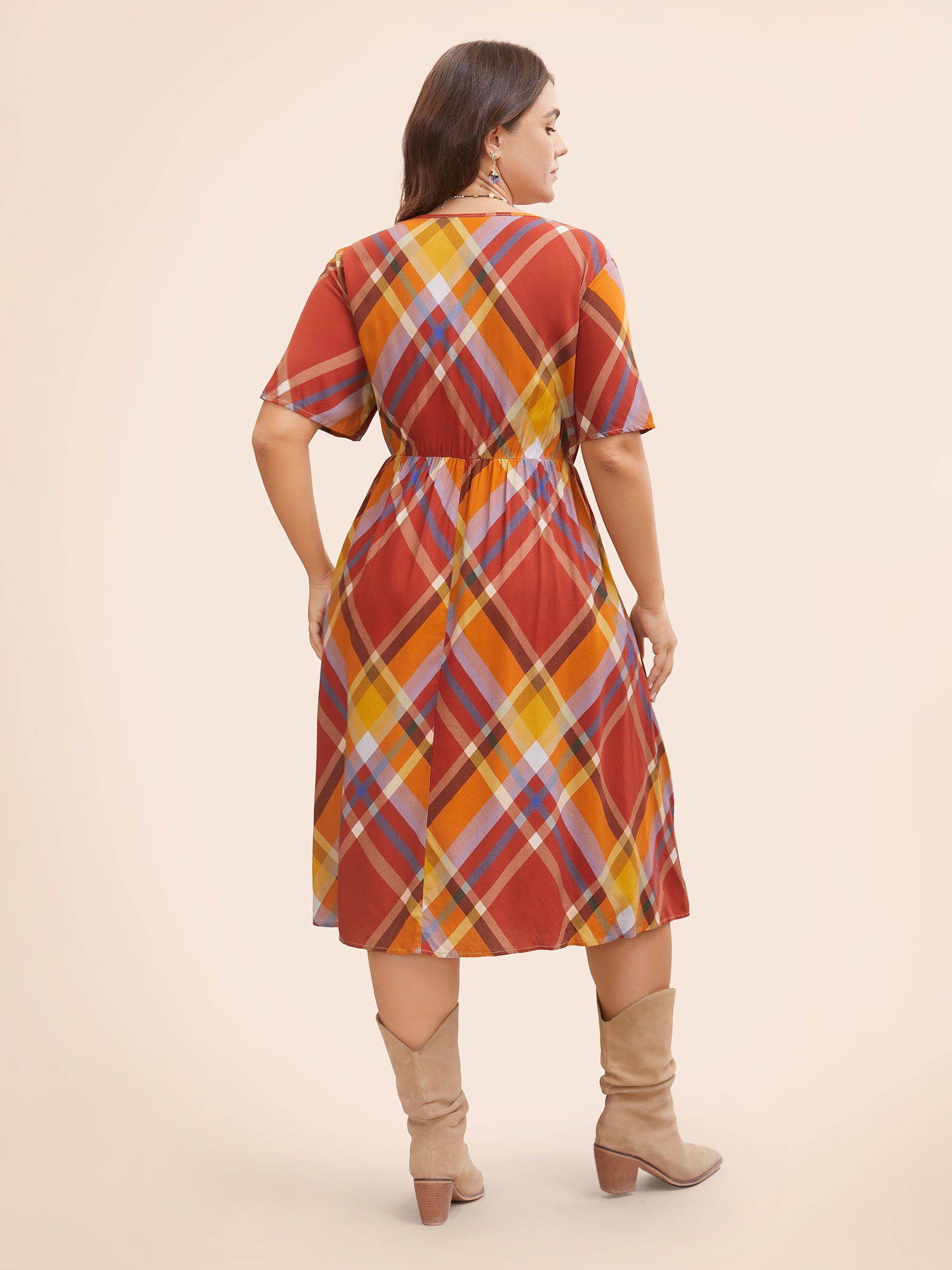 V Neck Plaid Ruffle Sleeve Dress-Sweetccc