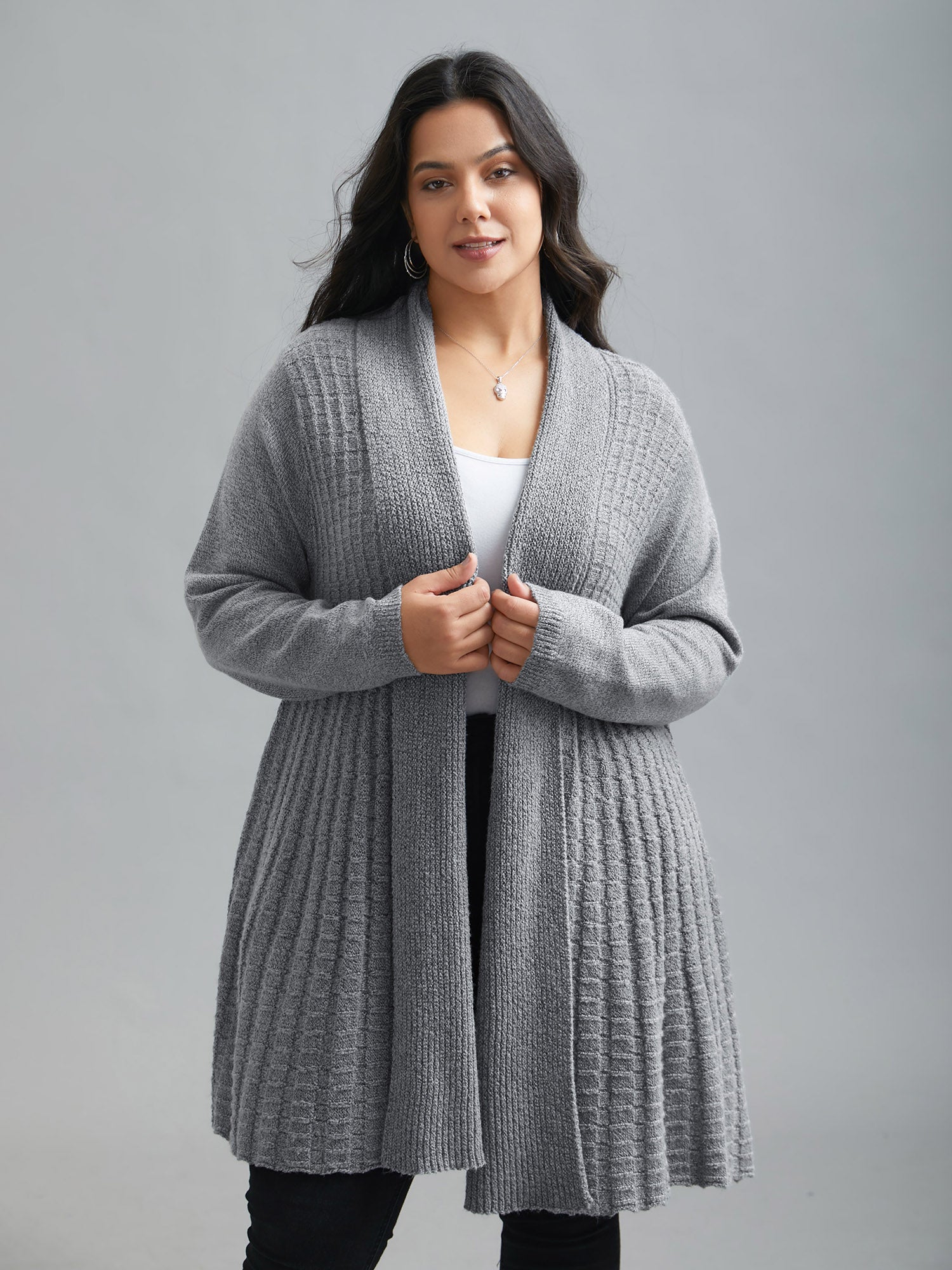 Folded Kimono Collar Plain Plisse Cardigan-Sweetccc