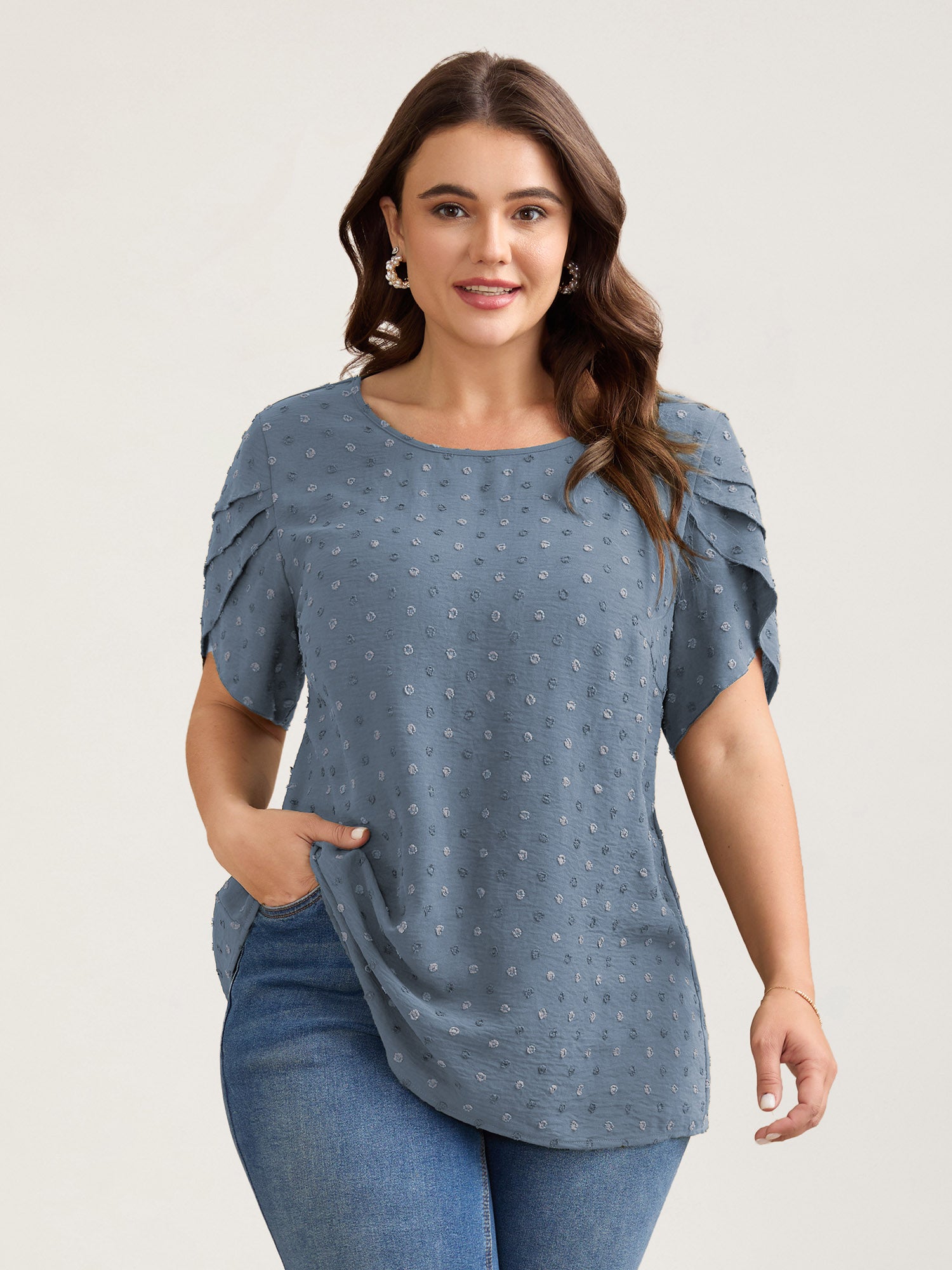 Textured Color Contrast Petal Sleeve Blouse-Sweetccc