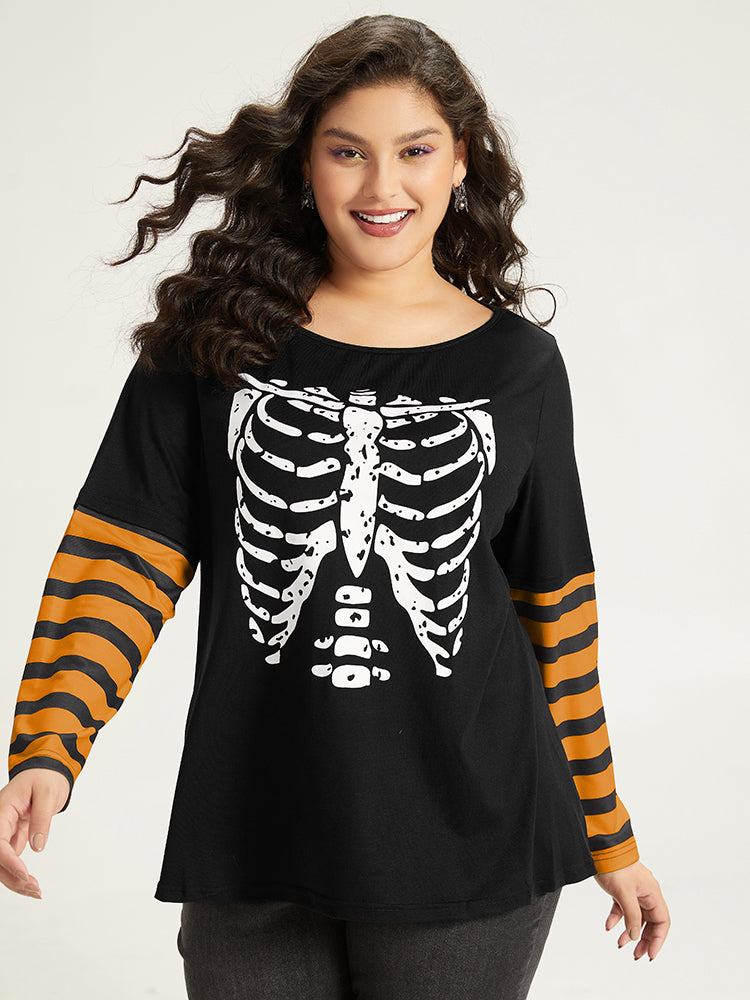 Halloween Striped & Skull Print Patchwork T-shirt-Sweetccc