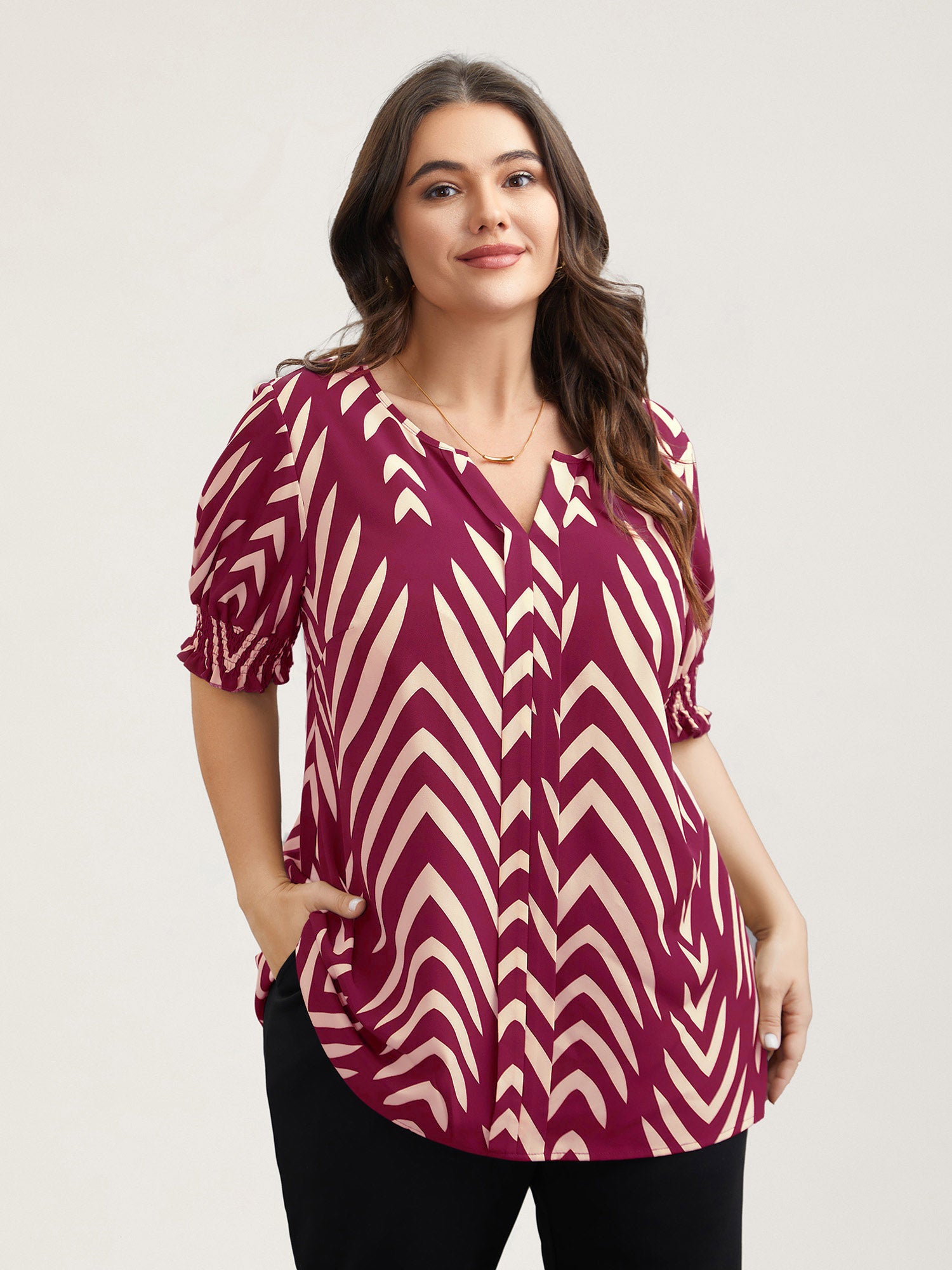 Geometric Print Ruffled Shirred Shirt-Sweetccc