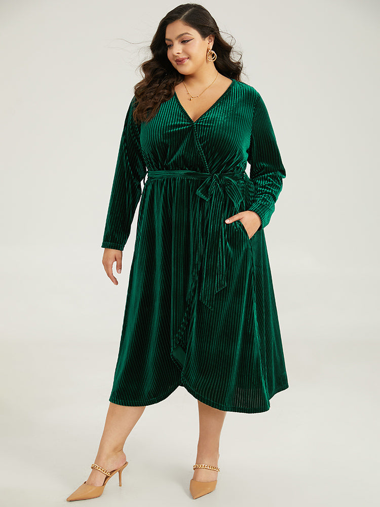 Velvet Rib Knit Wrap Hem Pocket Belted Dress-Sweetccc