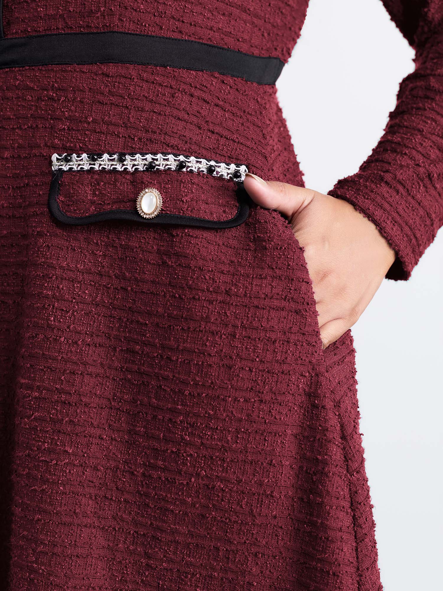 Tweed Stretchy Waist Color Contrast Midi Dress-Sweetccc