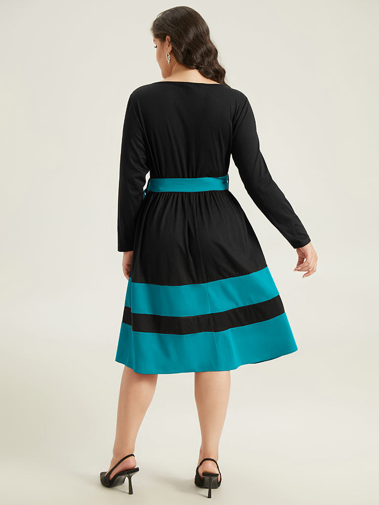 Two Tone Belted Bowknot Square Neck Dress-Sweetccc