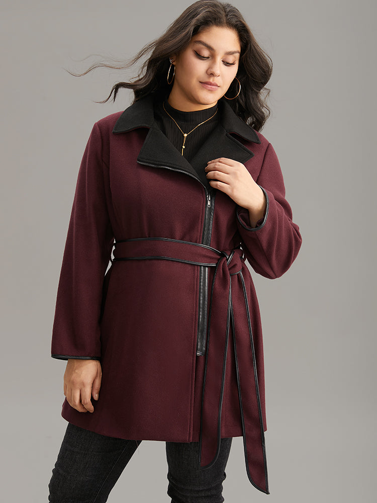 Lapel Collar Contrast Patchwork Zipper Belted Coat-Sweetccc