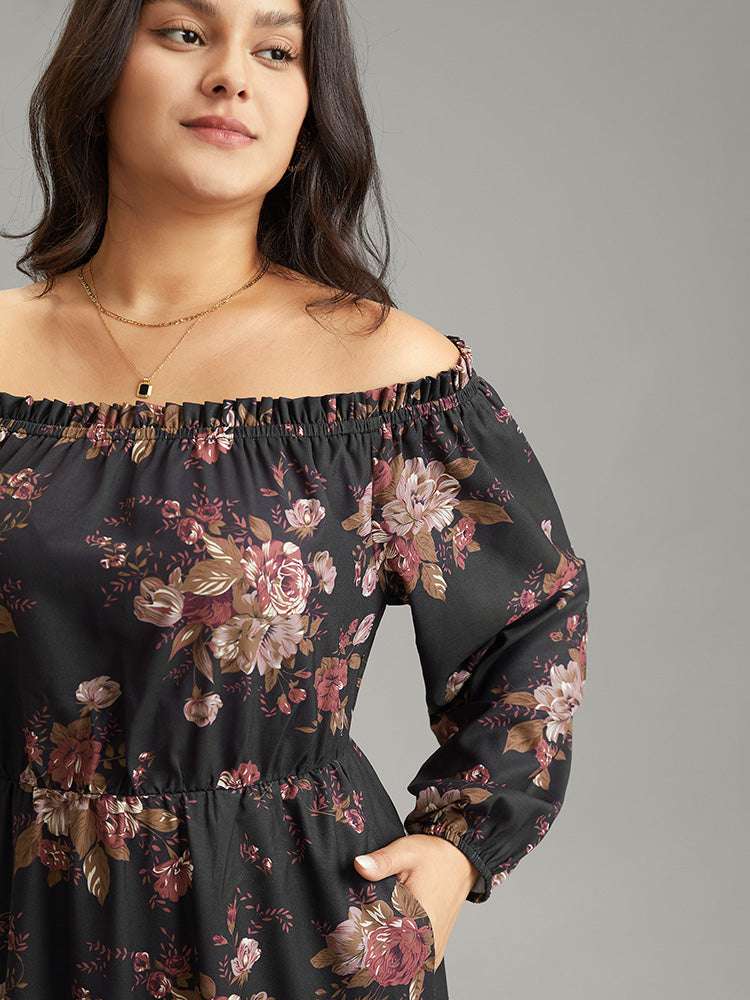 Off Shoulder Floral Frill Trim Lantern Sleeve Dress-Sweetccc