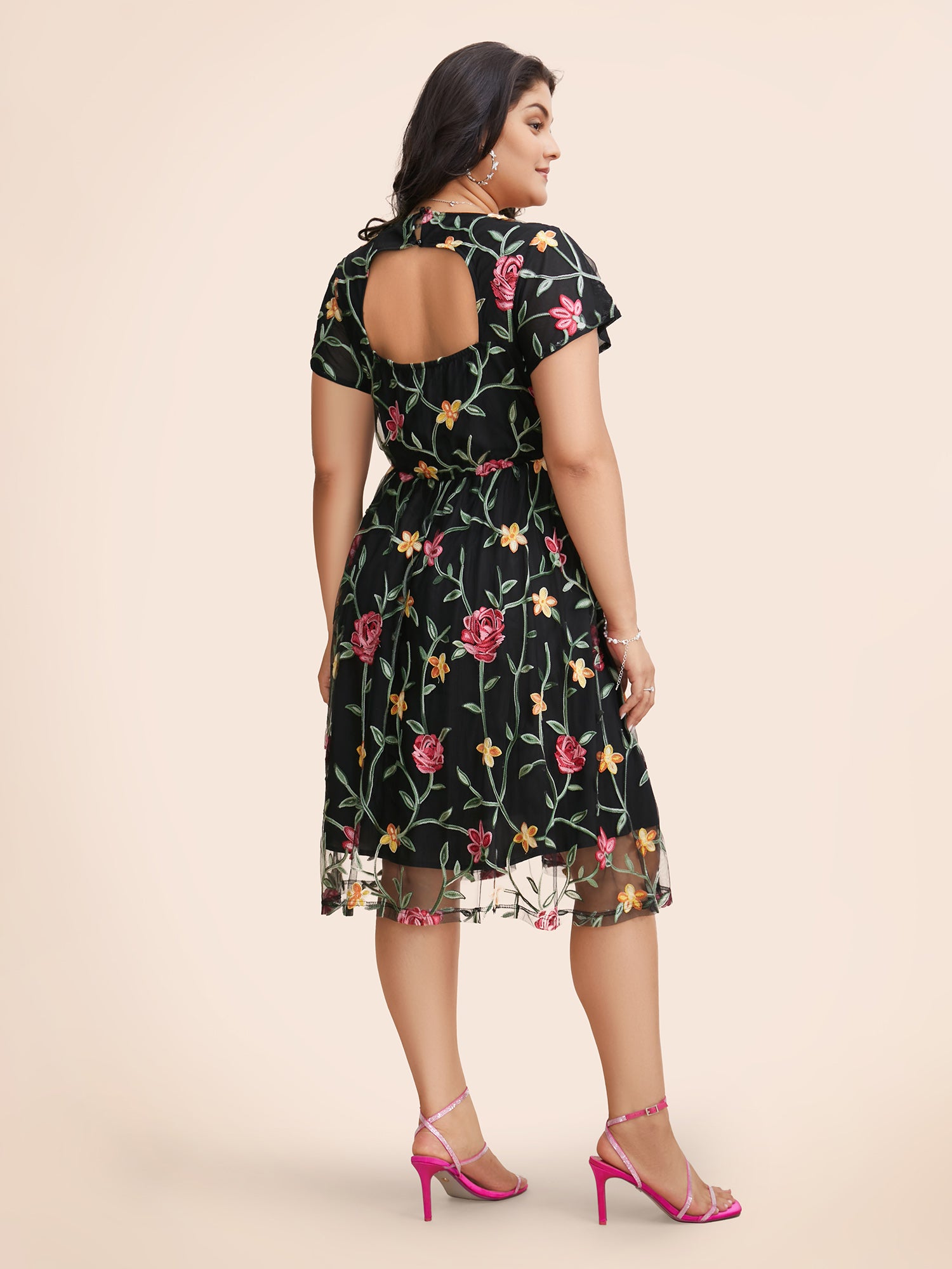 Floral Embroidered Mesh Backless Dress-Sweetccc