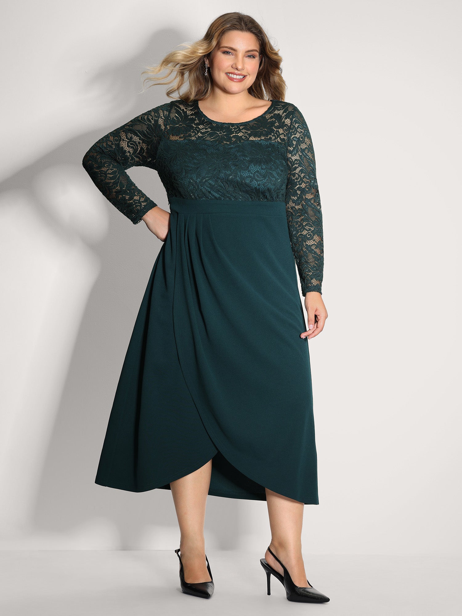 Wrap Hem Lace Sleeve Midi Dress-Sweetccc