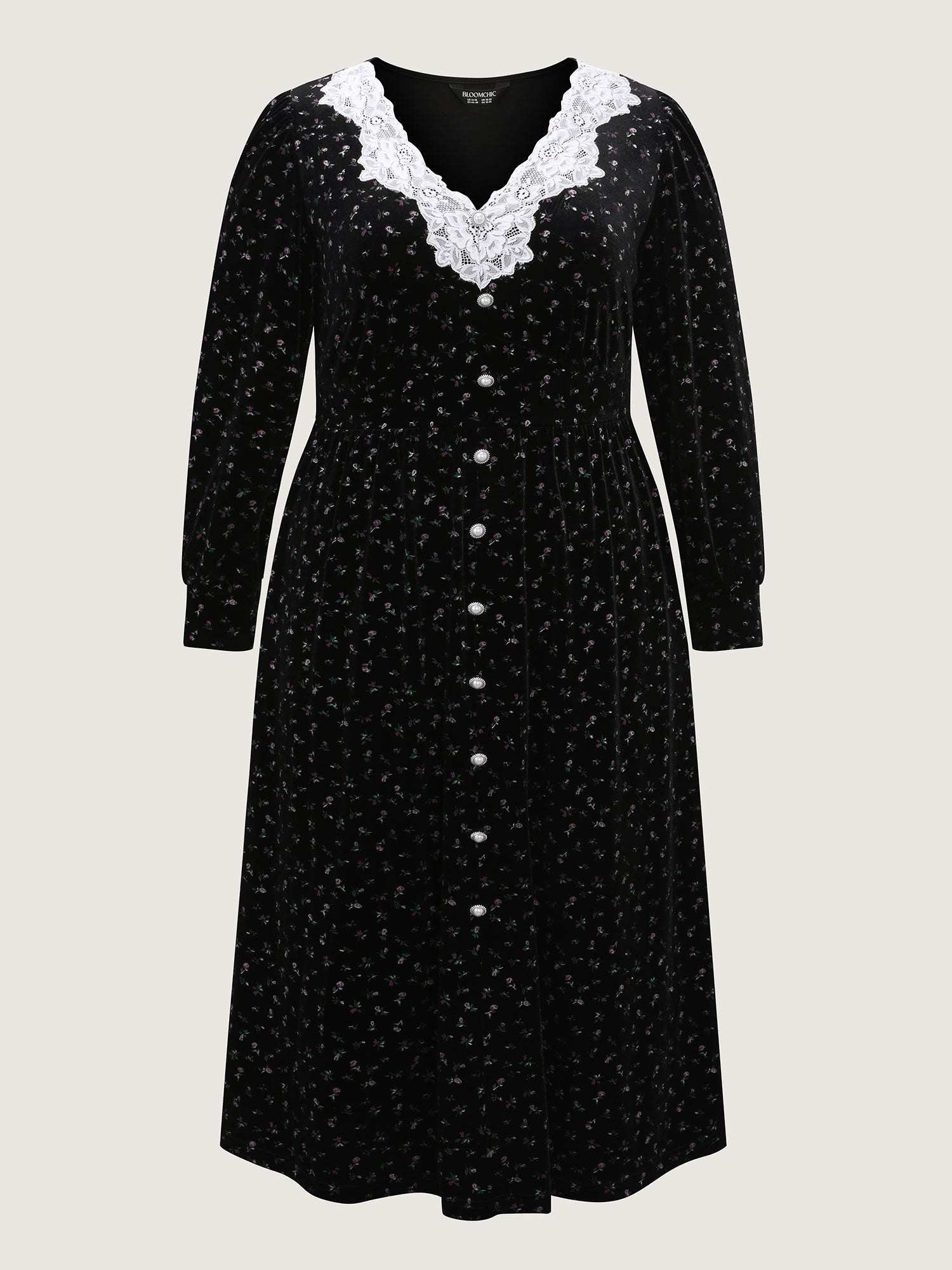 Velvet Print Lace Neckline Midi Dress-Sweetccc